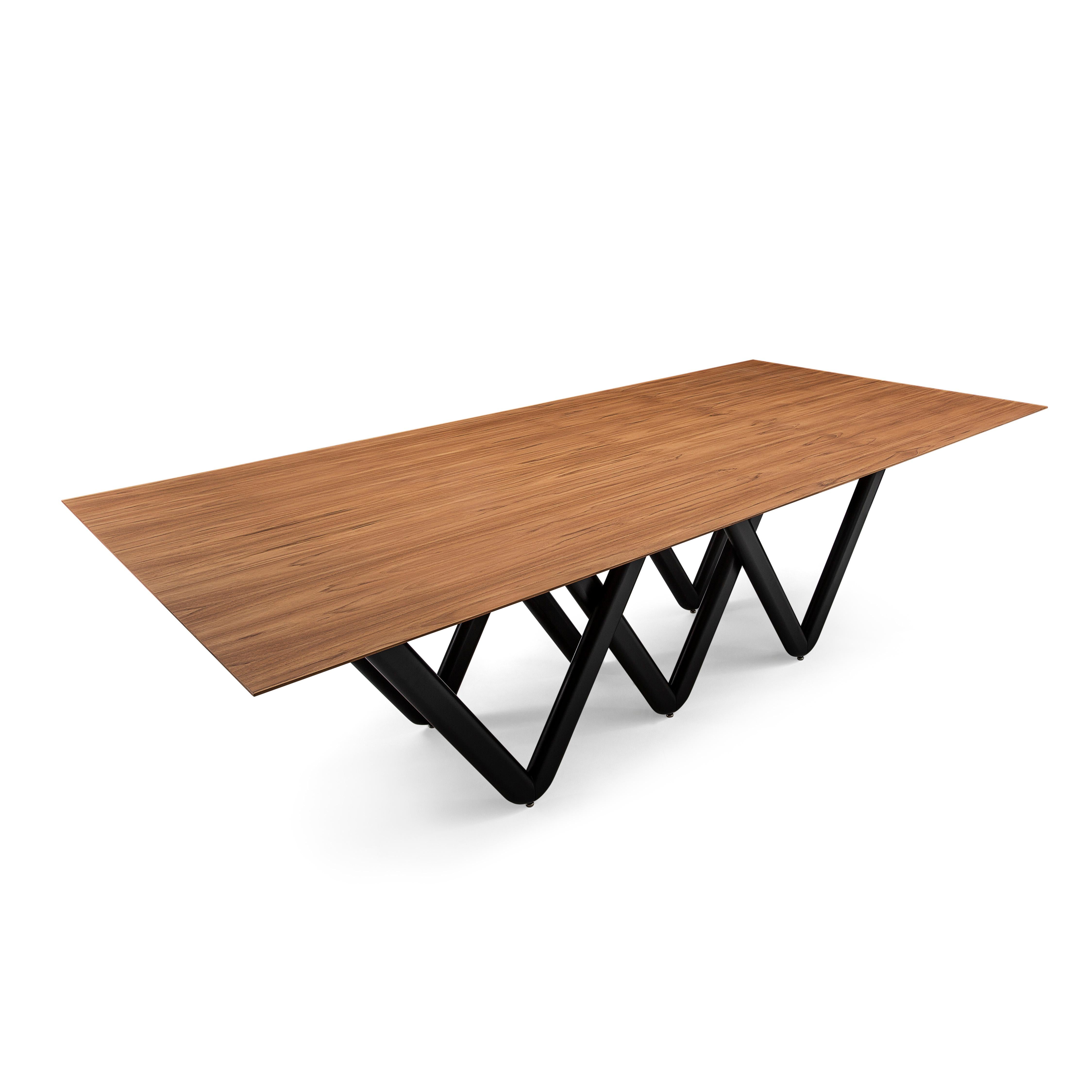Brazilian Dablio Dining Table with a Teak Wood Veneered Table Top and Black Base 98'' For Sale