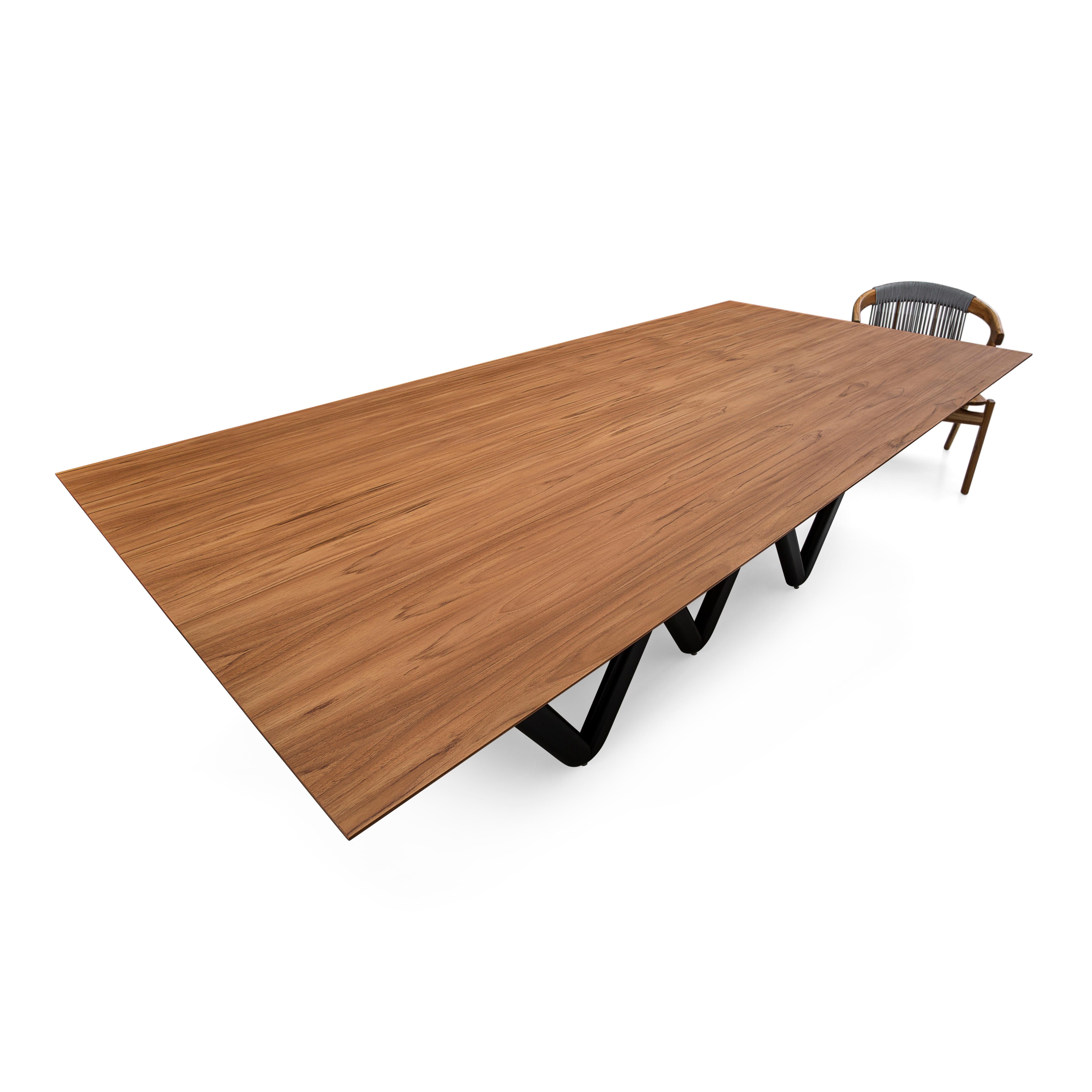 Contemporary Dablio Dining Table with a Teak Wood Veneered Table Top and Black Base 98'' For Sale