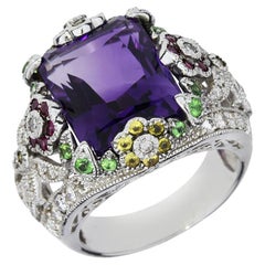 9.80 Carat Amethyst, Diamond & Misc. Gemstones 14K Cocktail Ring