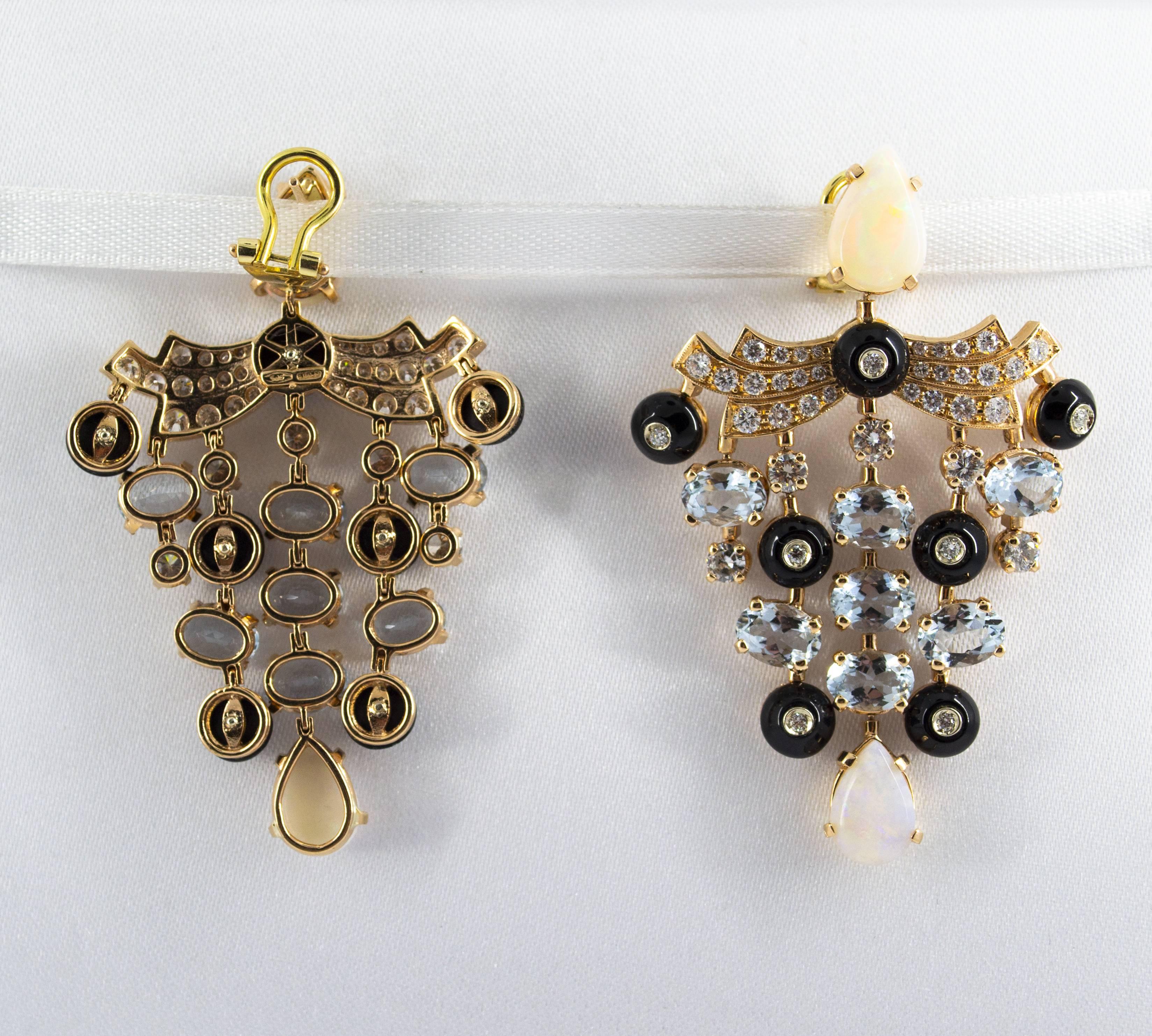 Women's or Men's 9.80 Carat Aquamarine 5.22 Carat Opal 2.81 Carat Diamond Yellow Gold Earrings