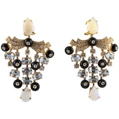 9.80 Carat Aquamarine 5.22 Carat Opal 2.81 Carat Diamond Yellow Gold Earrings