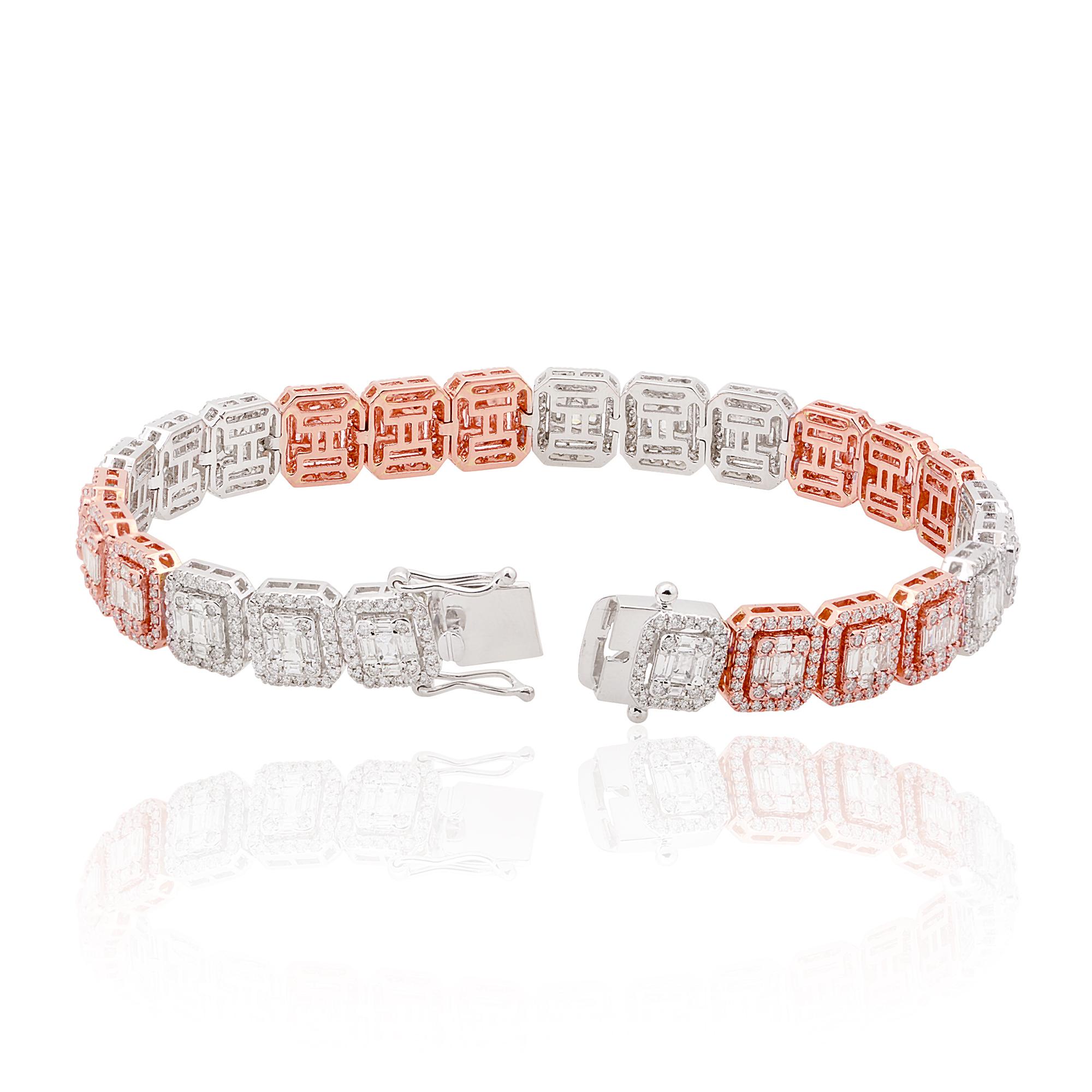 Introducing the breathtaking 9.80 Carat Baguette Diamond Bracelet in solid 18k Two Tone Gold, a remarkable piece of handmade jewelry that exudes luxury, elegance, and unparalleled craftsmanship. This bracelet is a true testament to the beauty and