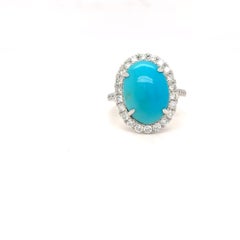 9.80 Carat Cabochon Cut Persian Turquoise Diamond Halo Ring