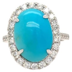 9.80 Carat Cabochon Cut Persian Turquoise Diamond Halo Ring