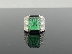 Certified 9.80 Carat Carved Emerald, Diamond and Black Onyx Unisex Cocktail Ring