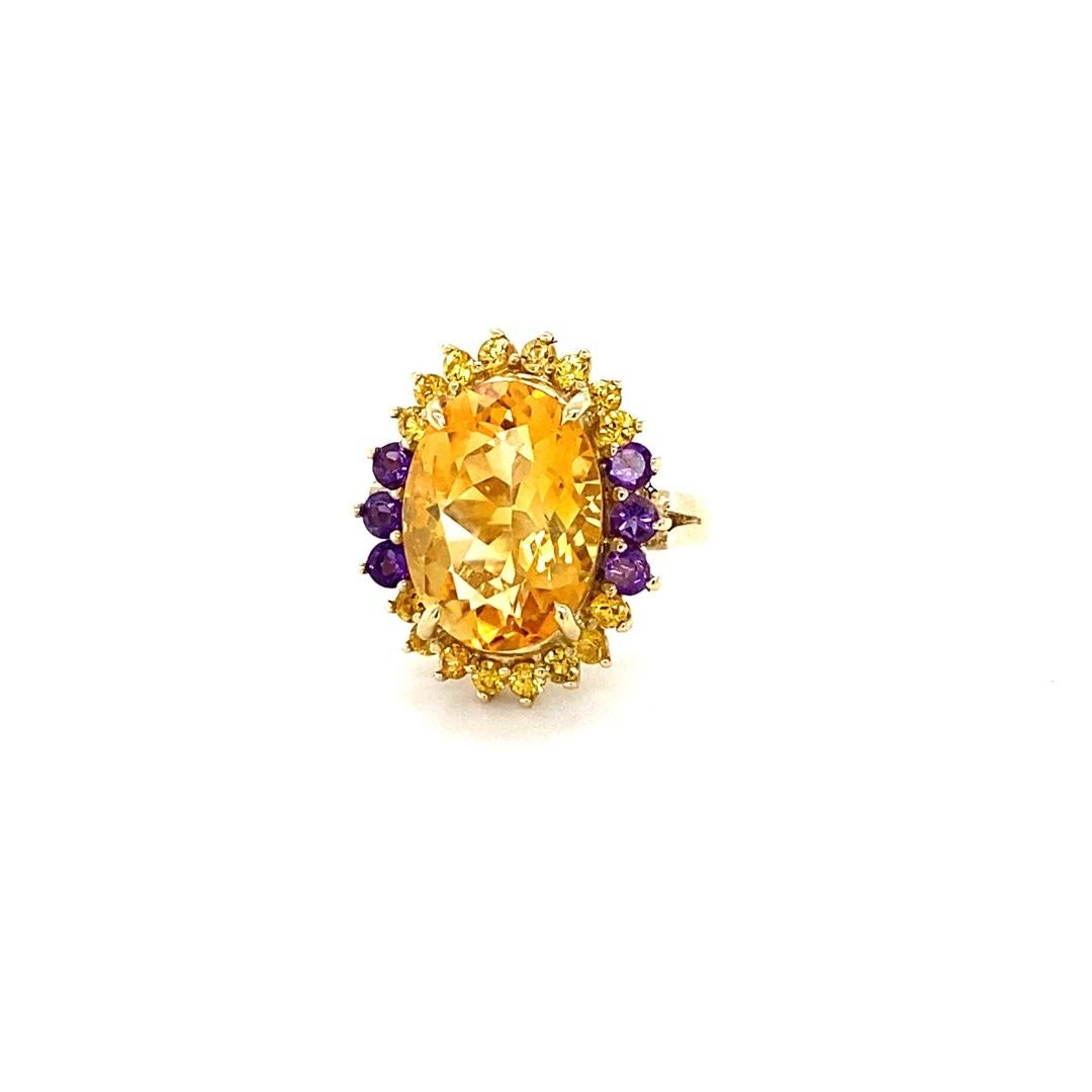 Contemporary 9.80 Carat Citrine Amethyst Yellow Gold Cocktail Ring For Sale