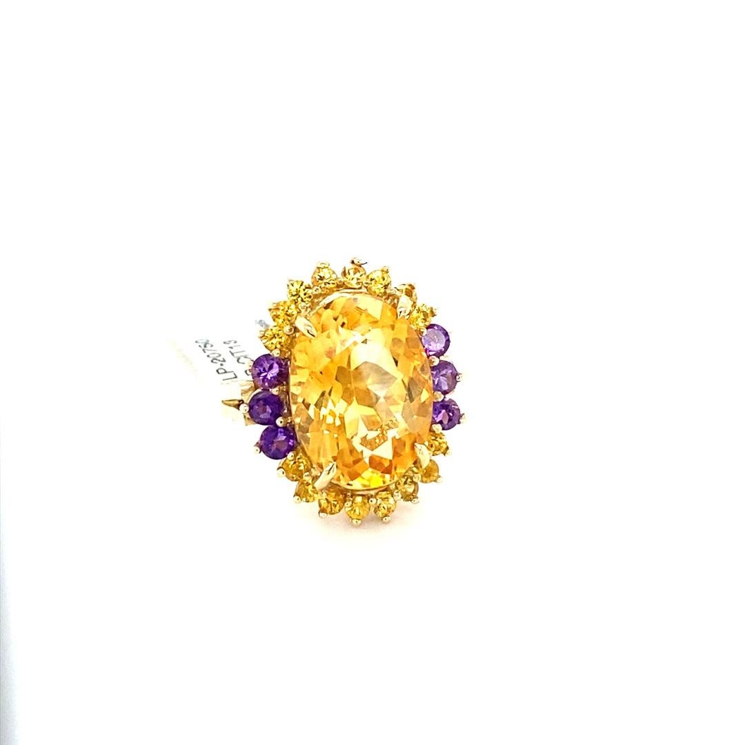 Oval Cut 9.80 Carat Citrine Amethyst Yellow Gold Cocktail Ring For Sale