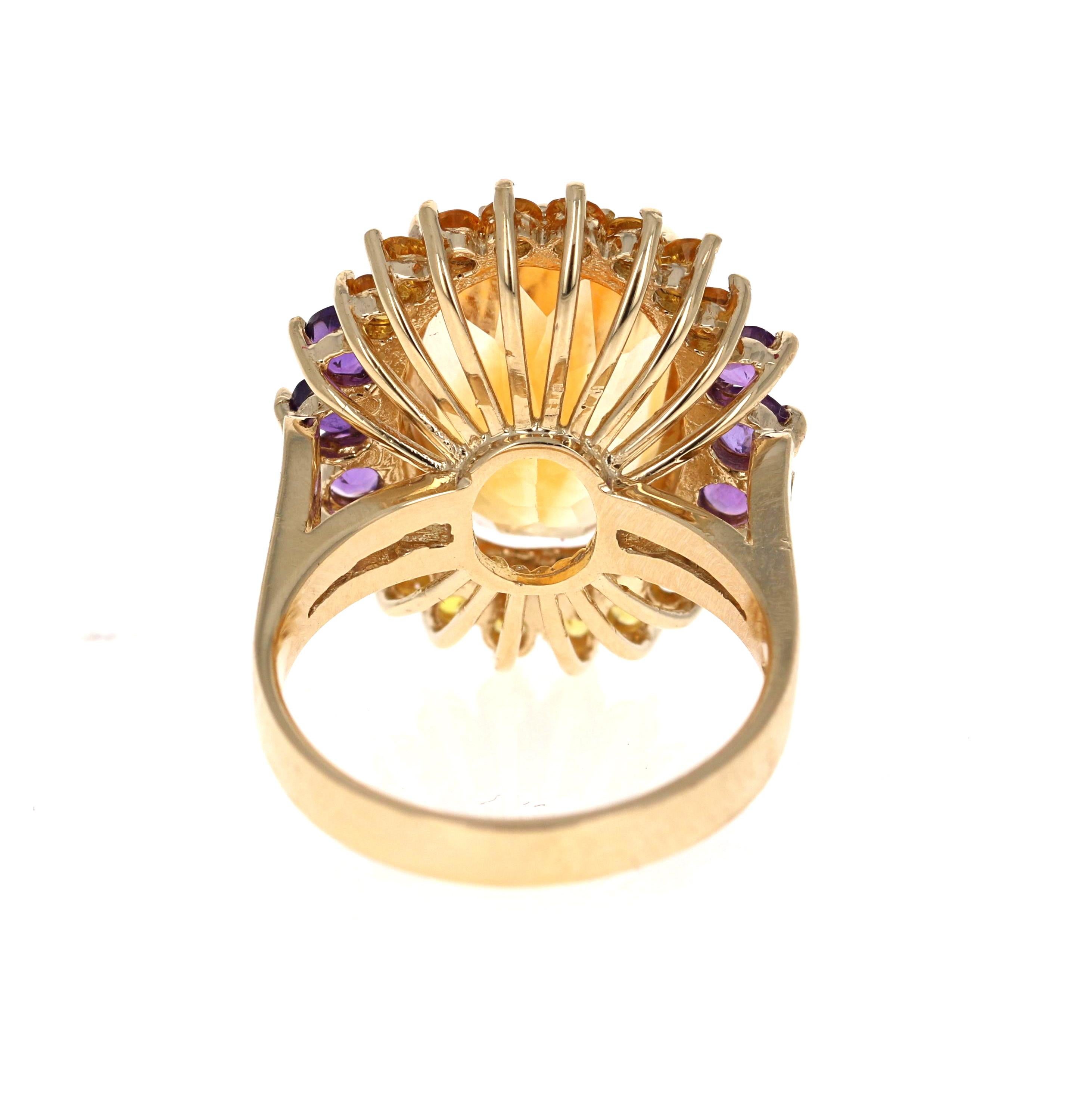9.80 Carat Citrine Amethyst Yellow Gold Cocktail Ring In New Condition For Sale In Los Angeles, CA