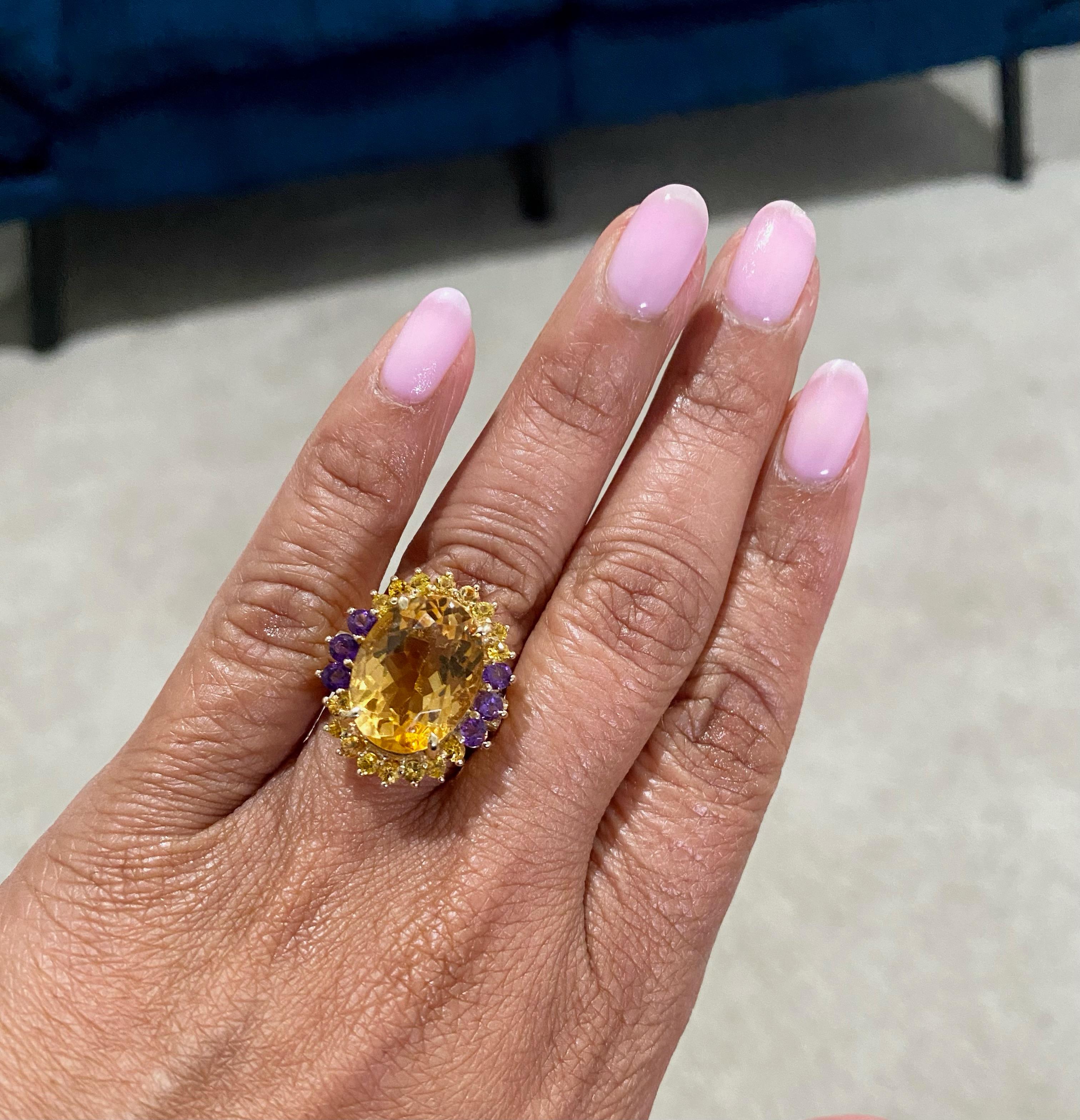 9.80 Carat Citrine Amethyst Yellow Gold Cocktail Ring For Sale 1