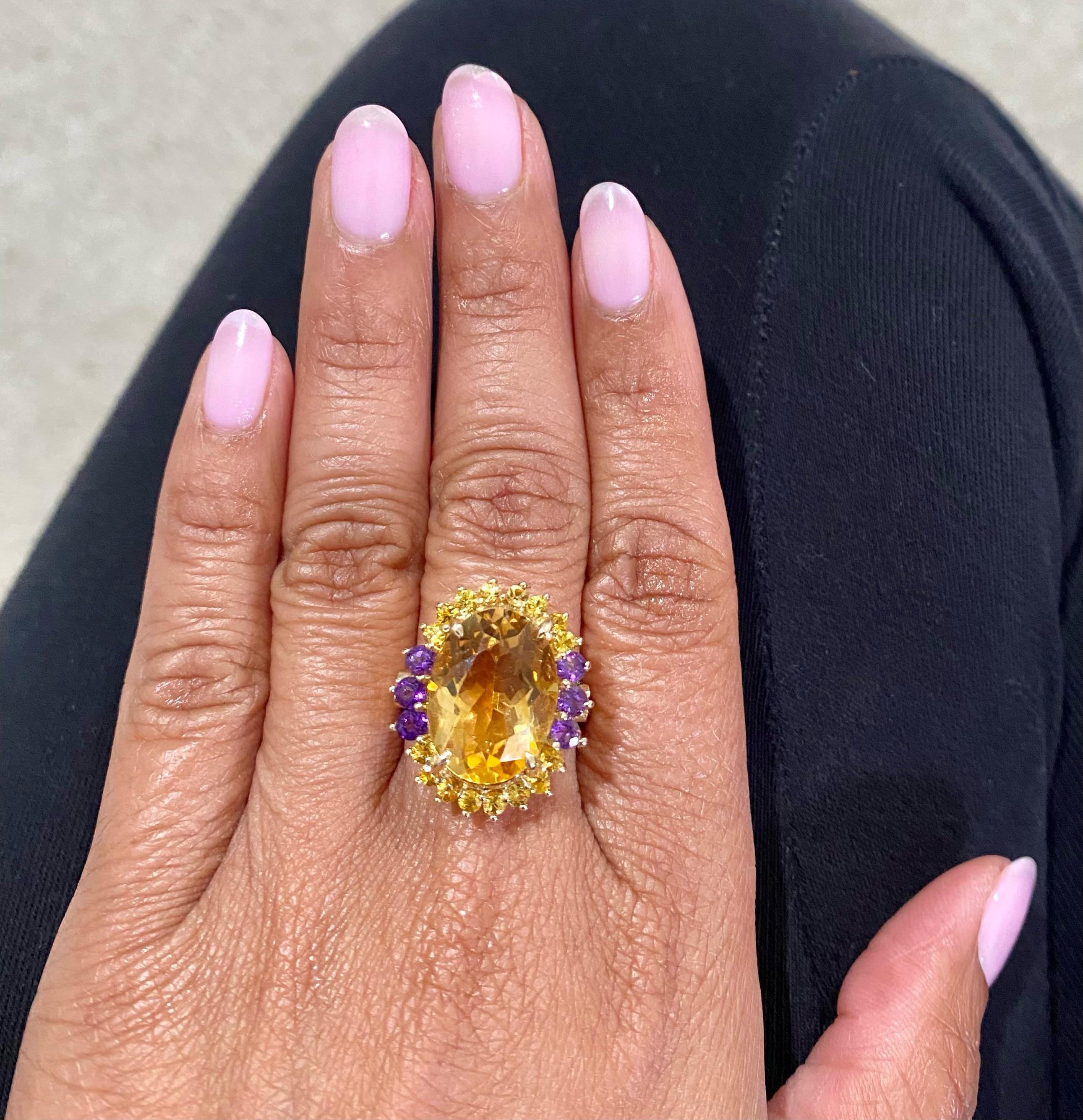 9.80 Carat Citrine Amethyst Yellow Gold Cocktail Ring For Sale 2