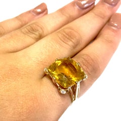 9.80 Carat Cushion Cut Yellow Beryl and White Diamond Cocktail Ring