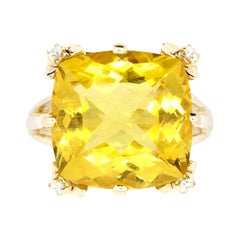 9.80 Carat Cushion Cut Yellow Beryl and White Diamond Cocktail Ring