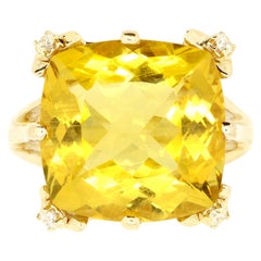 9.80 Carat Cushion Cut Yellow Beryl and White Diamond Cocktail Ring