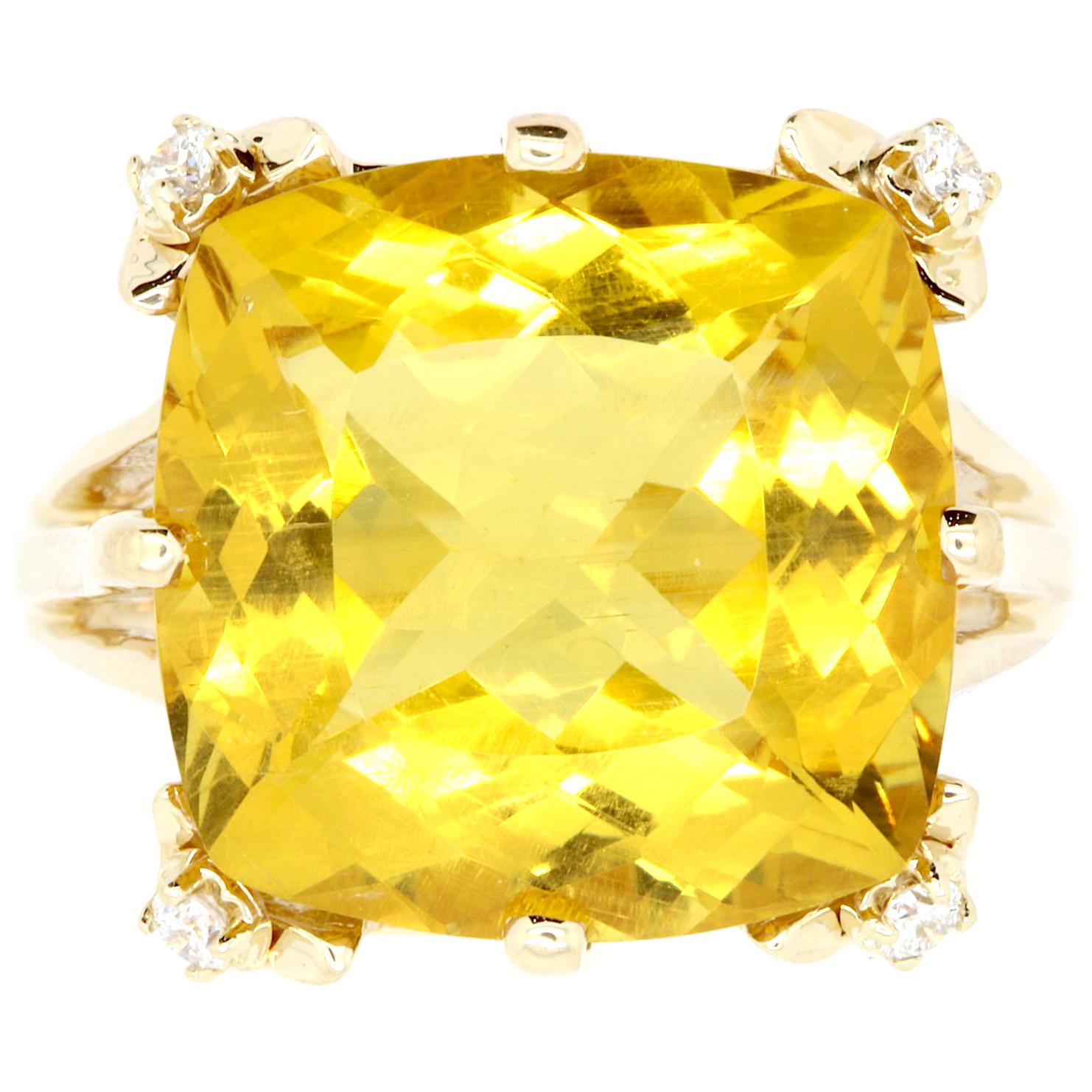 9.80 Carat Cushion Cut Yellow Beryl and White Diamond Cocktail Ring