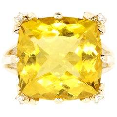 9.80 Carat Cushion Cut Yellow Beryl and White Diamond Cocktail Ring