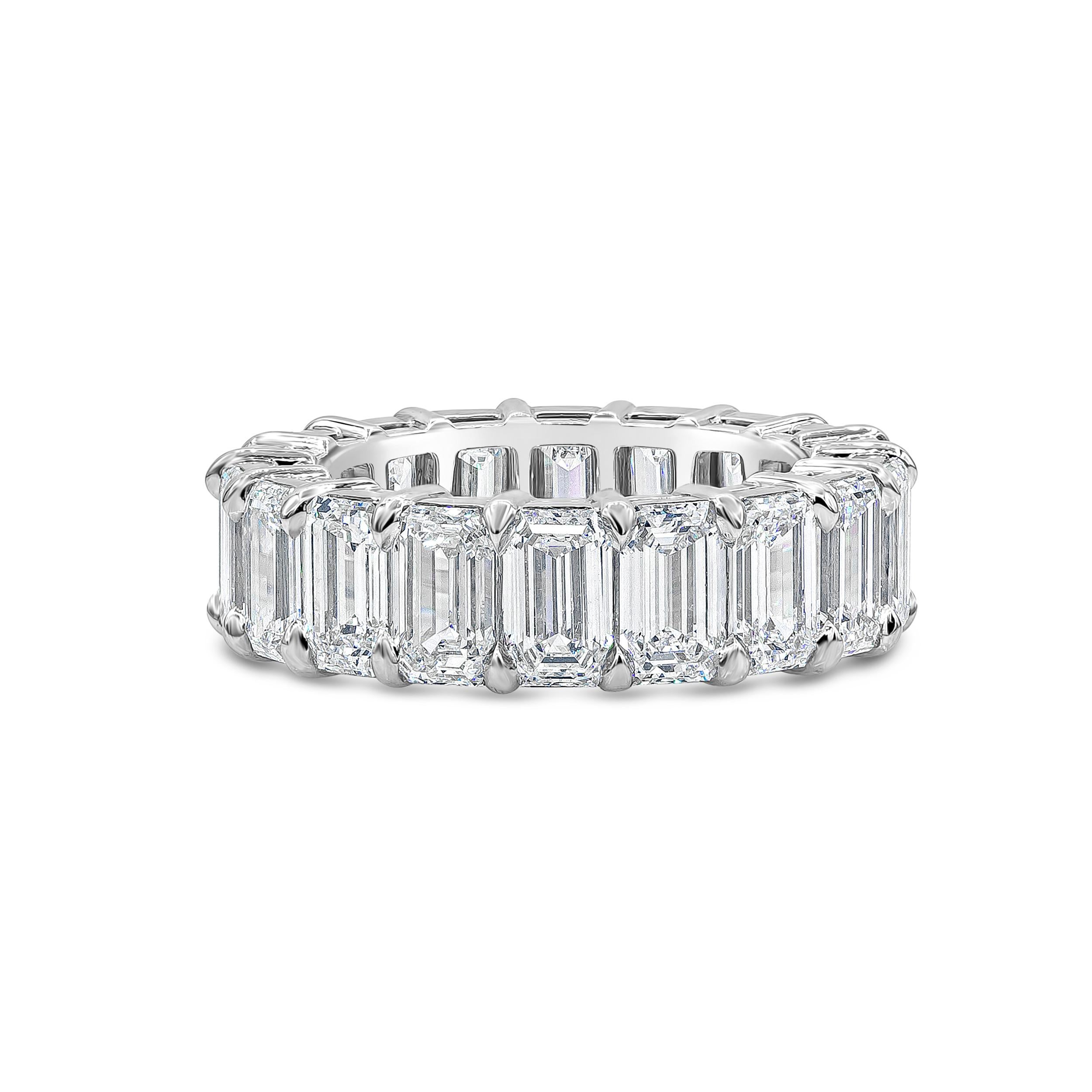 An amazing wedding band showcasing a row of emerald cut diamonds weighing 9.80 carats total, set in a polished platinum mounting. Diamonds are approximately E-F color, VS clarity. 

Style available in different price ranges. Prices are based on your
