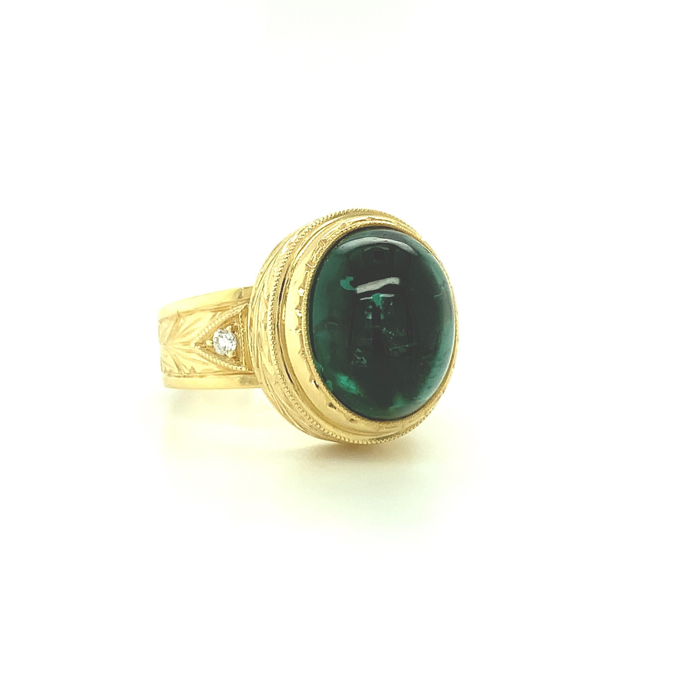 Artisan 9.80 Carat Green Tourmaline Cabochon and Diamond Band Ring in 18k Yellow Gold For Sale
