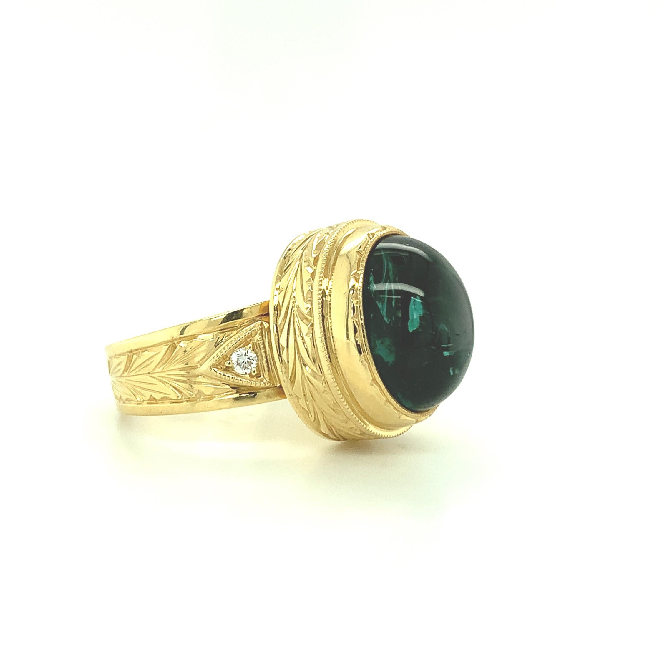 9.80 Carat Green Tourmaline Cabochon and Diamond Band Ring in 18k Yellow Gold In New Condition For Sale In Los Angeles, CA