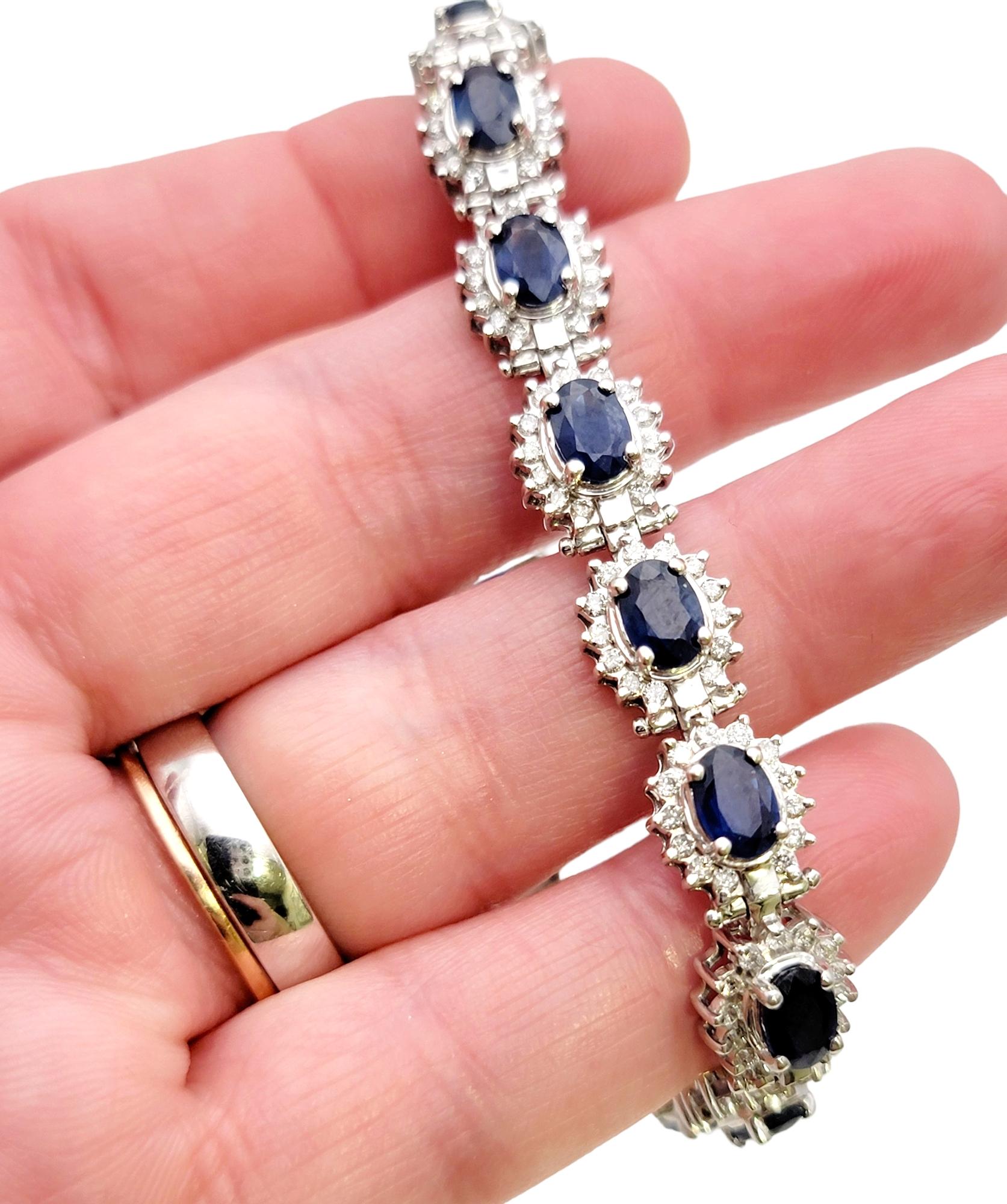 9.80 Carat Total Natural Sapphire and Diamond Halo Line Bracelet in White Gold For Sale 8