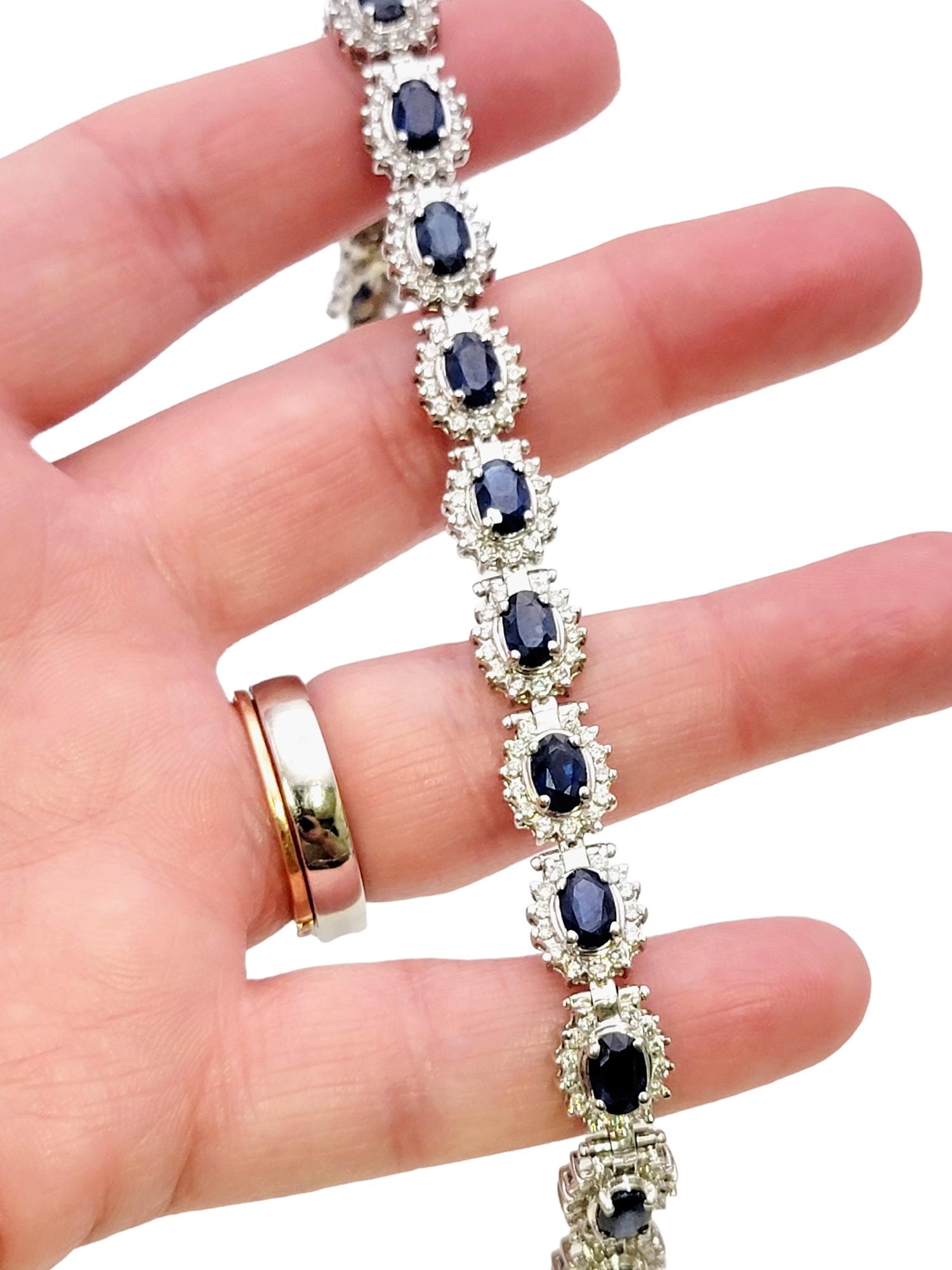 9.80 Carat Total Natural Sapphire and Diamond Halo Line Bracelet in White Gold For Sale 9