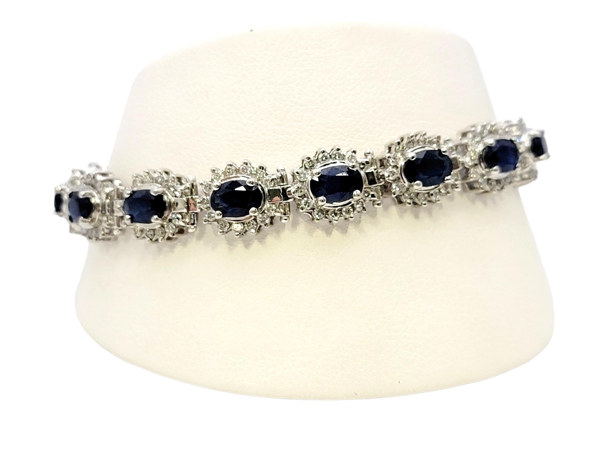 9.80 Carat Total Natural Sapphire and Diamond Halo Line Bracelet in White Gold For Sale 11