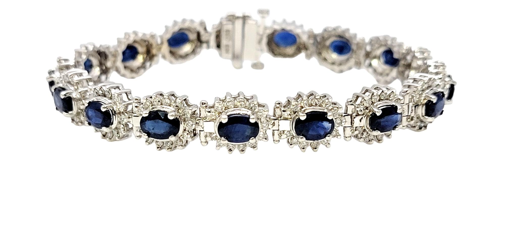 Length: 7.25 Inches

Incredibly gorgeous line bracelet with a rich, elegant pop of color. This amazing piece absolutely dazzles with its bright blue sapphires and icy white diamonds. The striking bracelet sits elegantly on the wrist, sparkling from