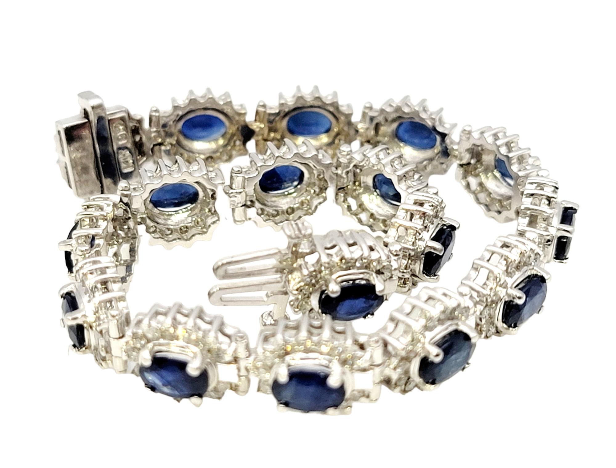 Contemporary 9.80 Carat Total Natural Sapphire and Diamond Halo Line Bracelet in White Gold For Sale