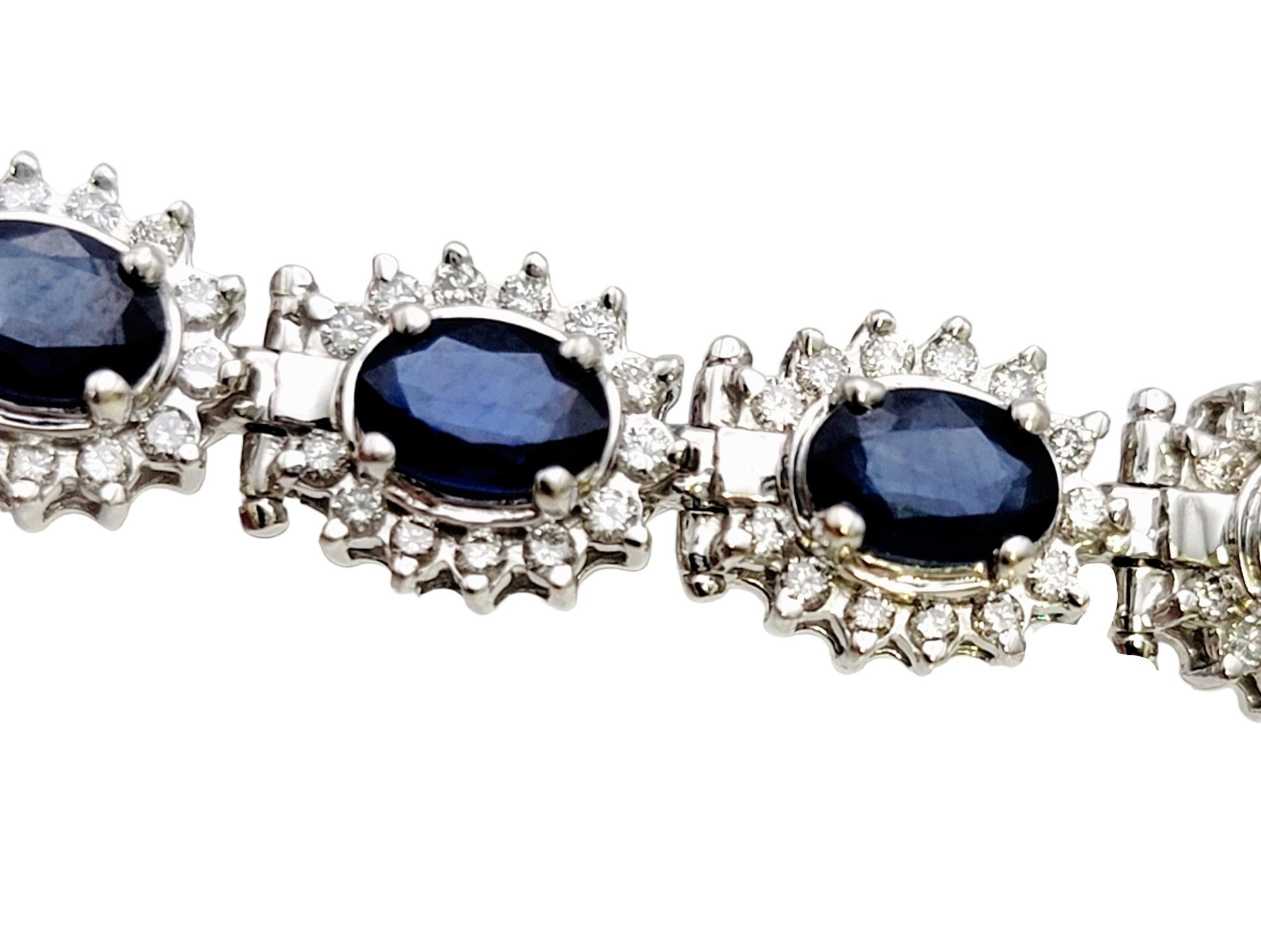 9.80 Carat Total Natural Sapphire and Diamond Halo Line Bracelet in White Gold For Sale 1