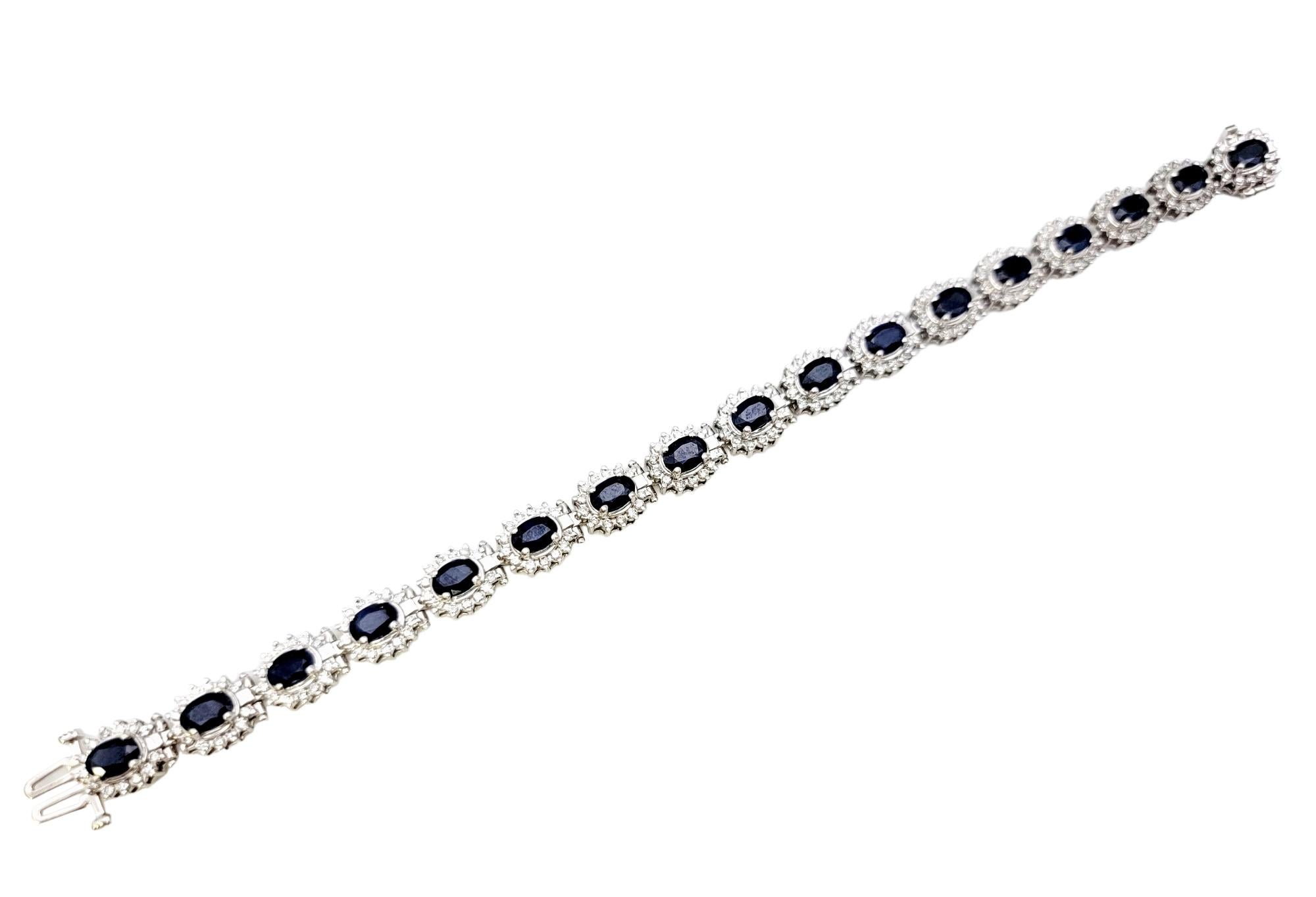 9.80 Carat Total Natural Sapphire and Diamond Halo Line Bracelet in White Gold For Sale 3