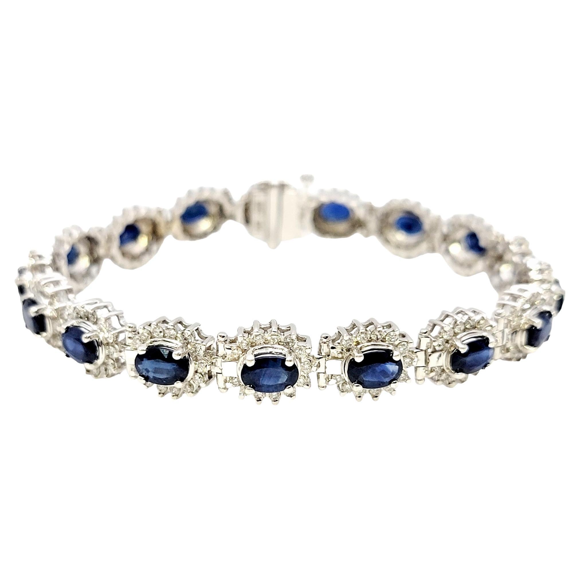 9.80 Carat Total Natural Sapphire and Diamond Halo Line Bracelet in White Gold For Sale