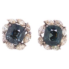 9.80 Carat Unheated Burmese Grey-Green Spinel and Diamond Gold Stud Earrings
