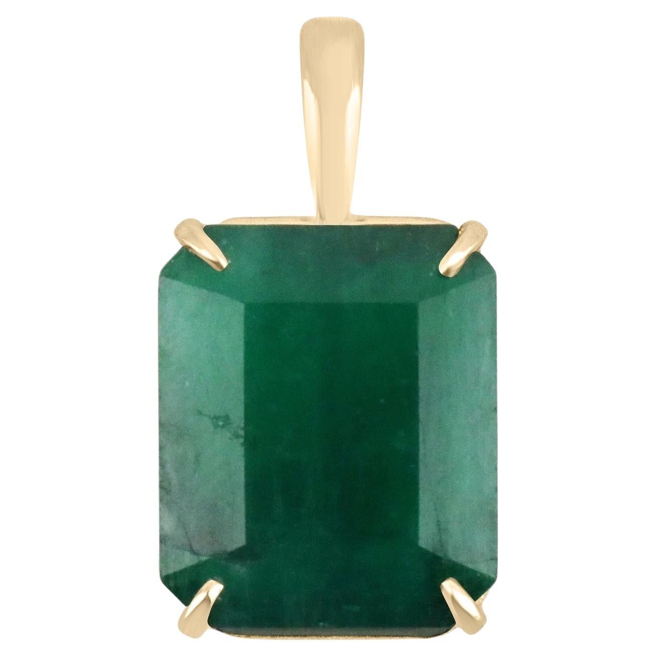 9.80 Carats Huge Dark Green Emerald Cut Solitaire Unisex Pendant Gold 14K For Sale