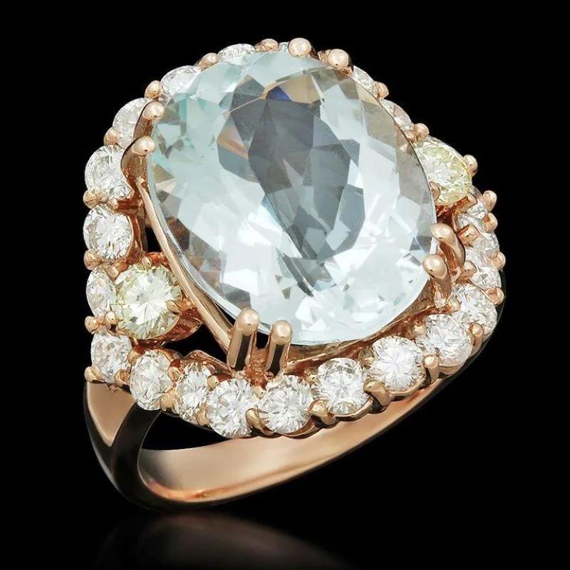 Mixed Cut 9.80 Carats Natural Aquamarine and Diamond 14K Solid Rose Gold Ring For Sale