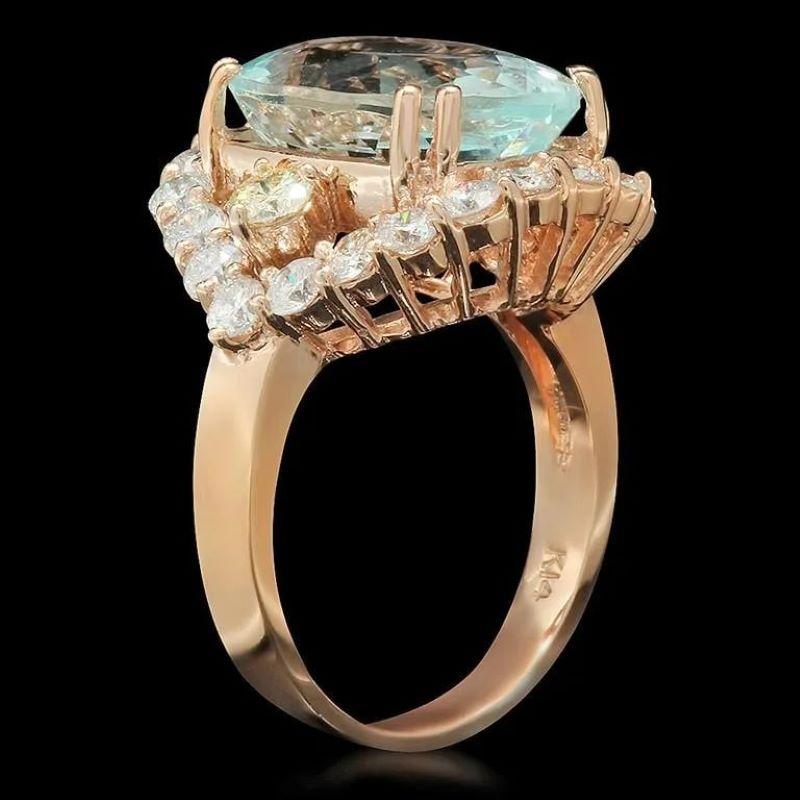 9.80 Carats Natural Aquamarine and Diamond 14K Solid Rose Gold Ring In New Condition For Sale In Los Angeles, CA