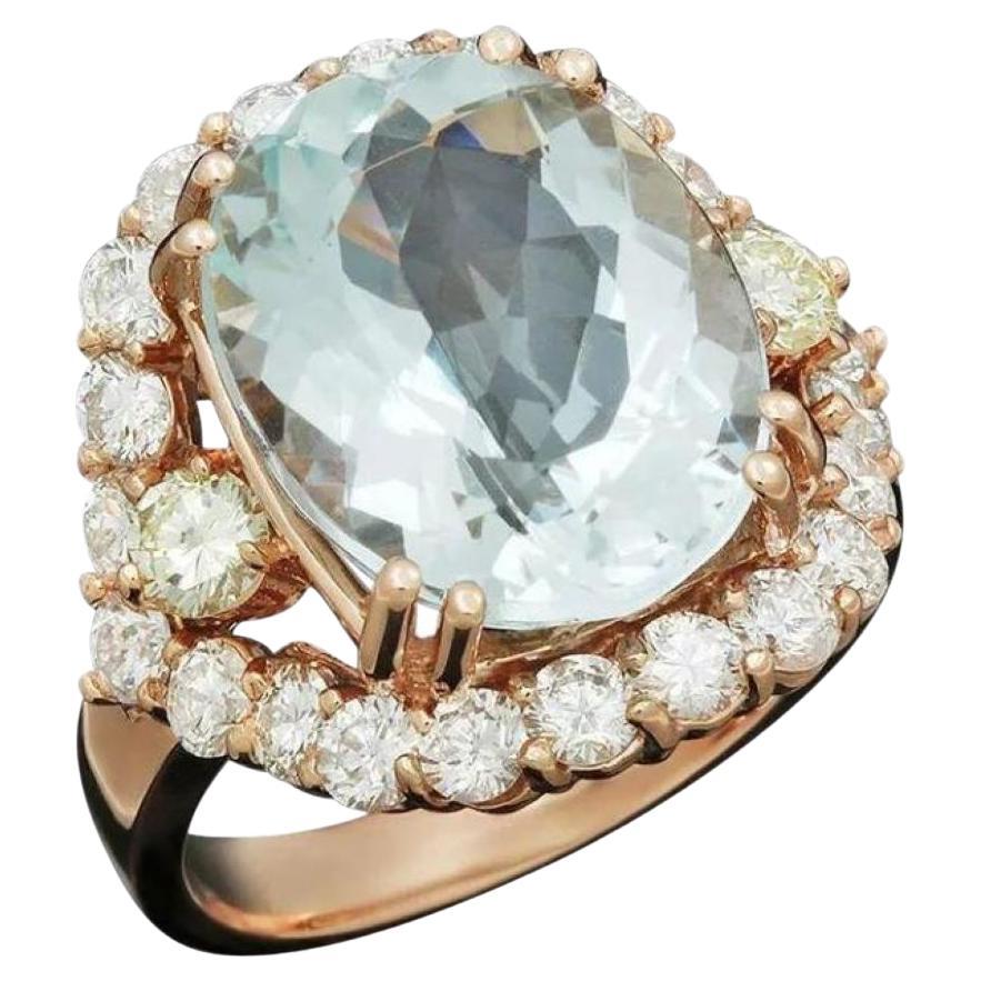 Anillo de oro rosa macizo de 14 quilates con aguamarina natural y diamantes de 9,80 quilates