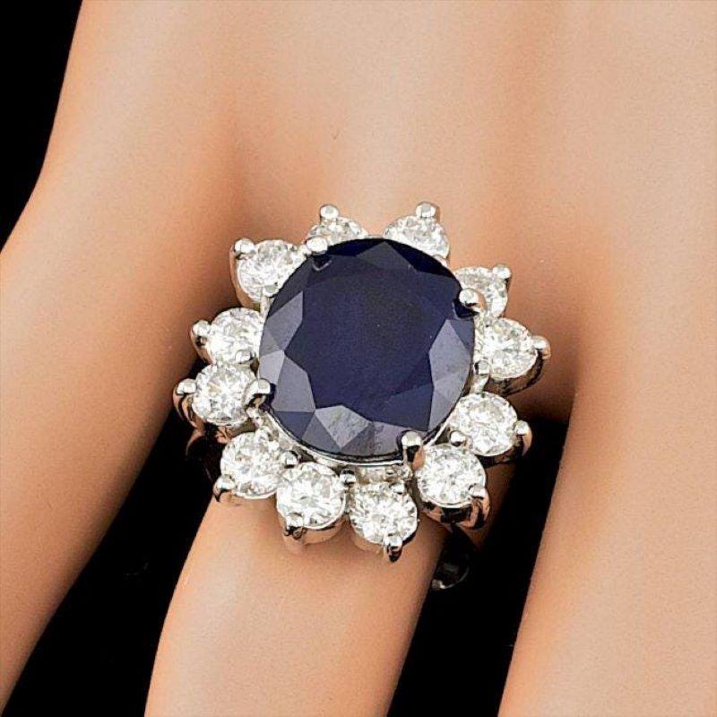 Mixed Cut 9.80 Carats Natural Sapphire and Diamond 14K Solid White Gold Ring For Sale