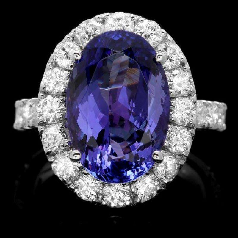 Mixed Cut 9.80 Carats Natural Tanzanite and Diamond 14k Solid White Gold Ring For Sale