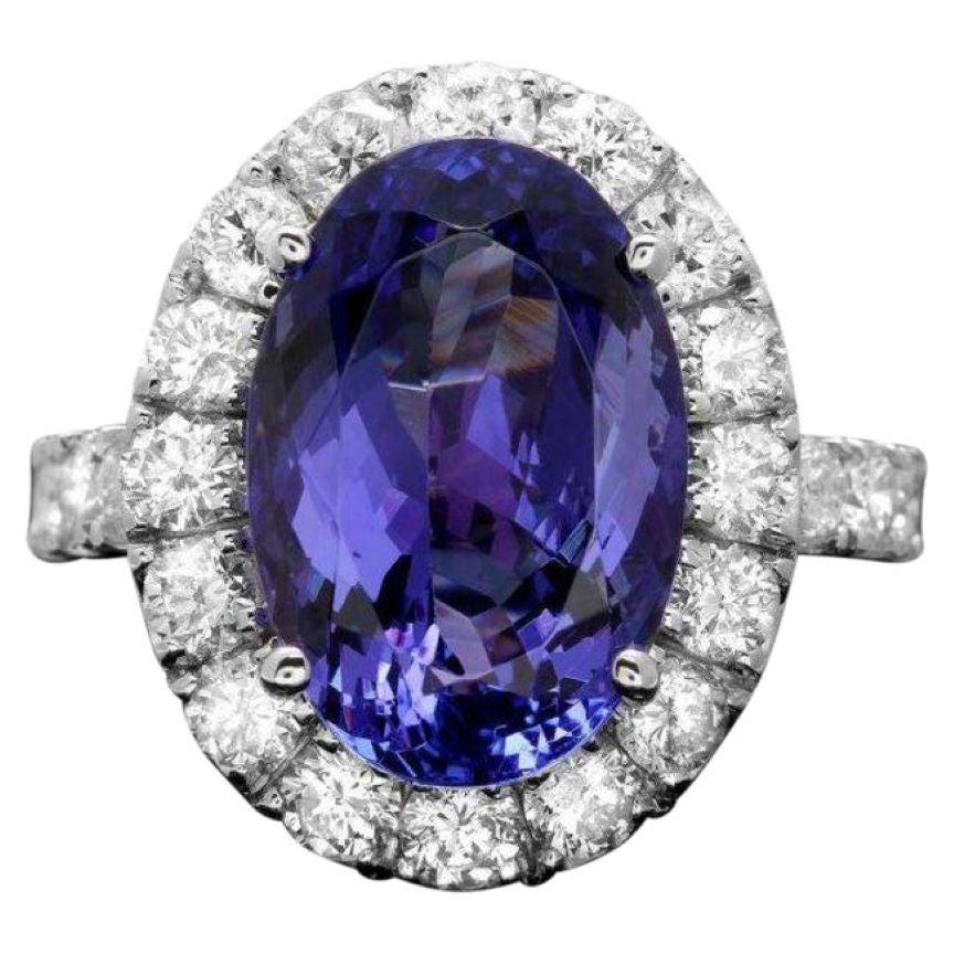 9.80 Carats Natural Tanzanite and Diamond 14k Solid White Gold Ring For Sale