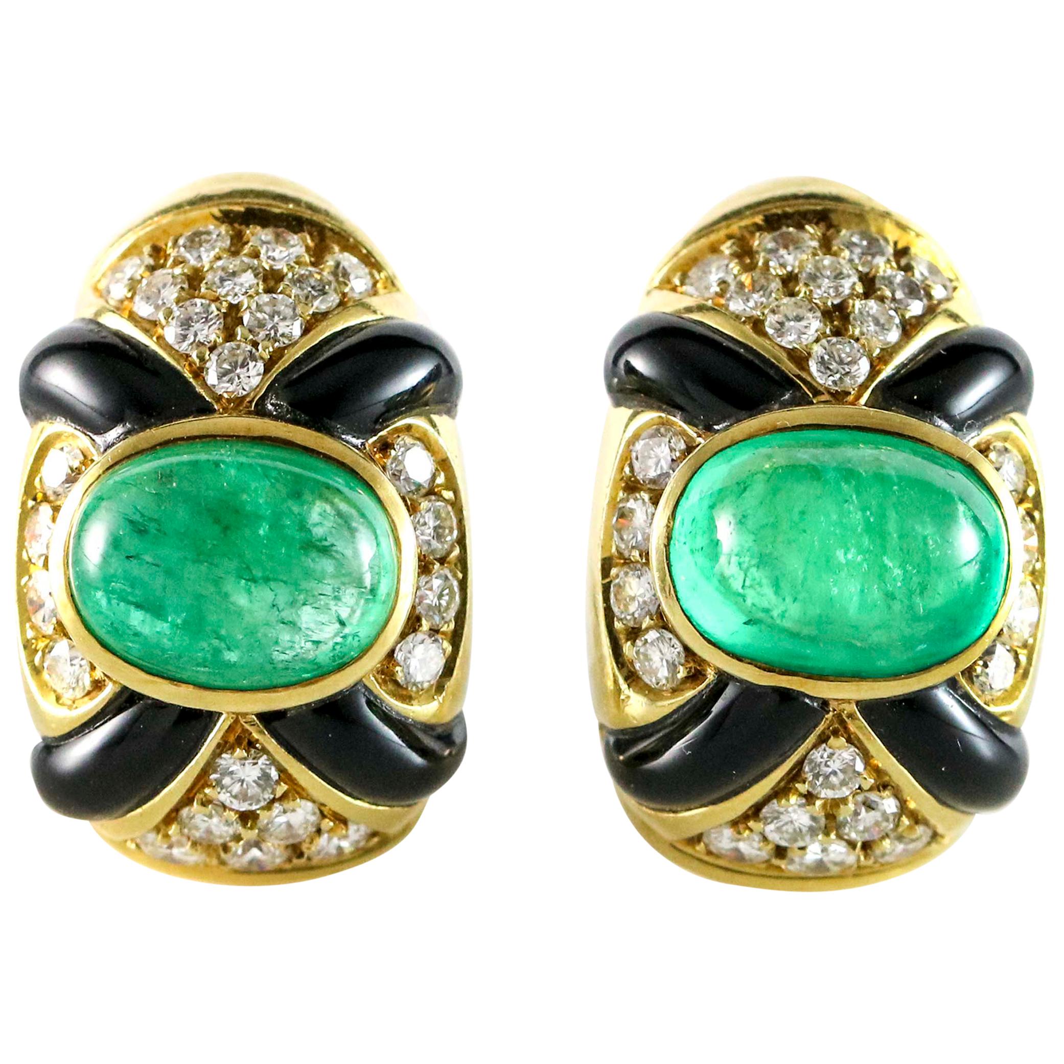 9.80 Emerald Diamond and Black Onyx 18 Karat Yellow Gold Clip-On Earrings For Sale