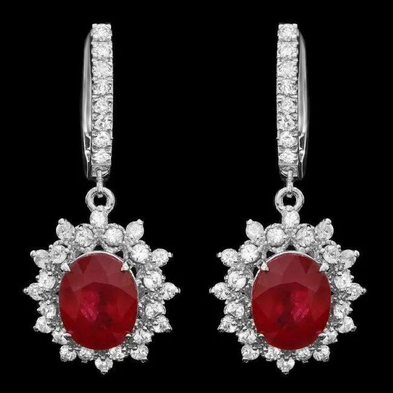 Mixed Cut 9.80Ct Natural Ruby and Diamond 14K Solid White Gold Earrings For Sale