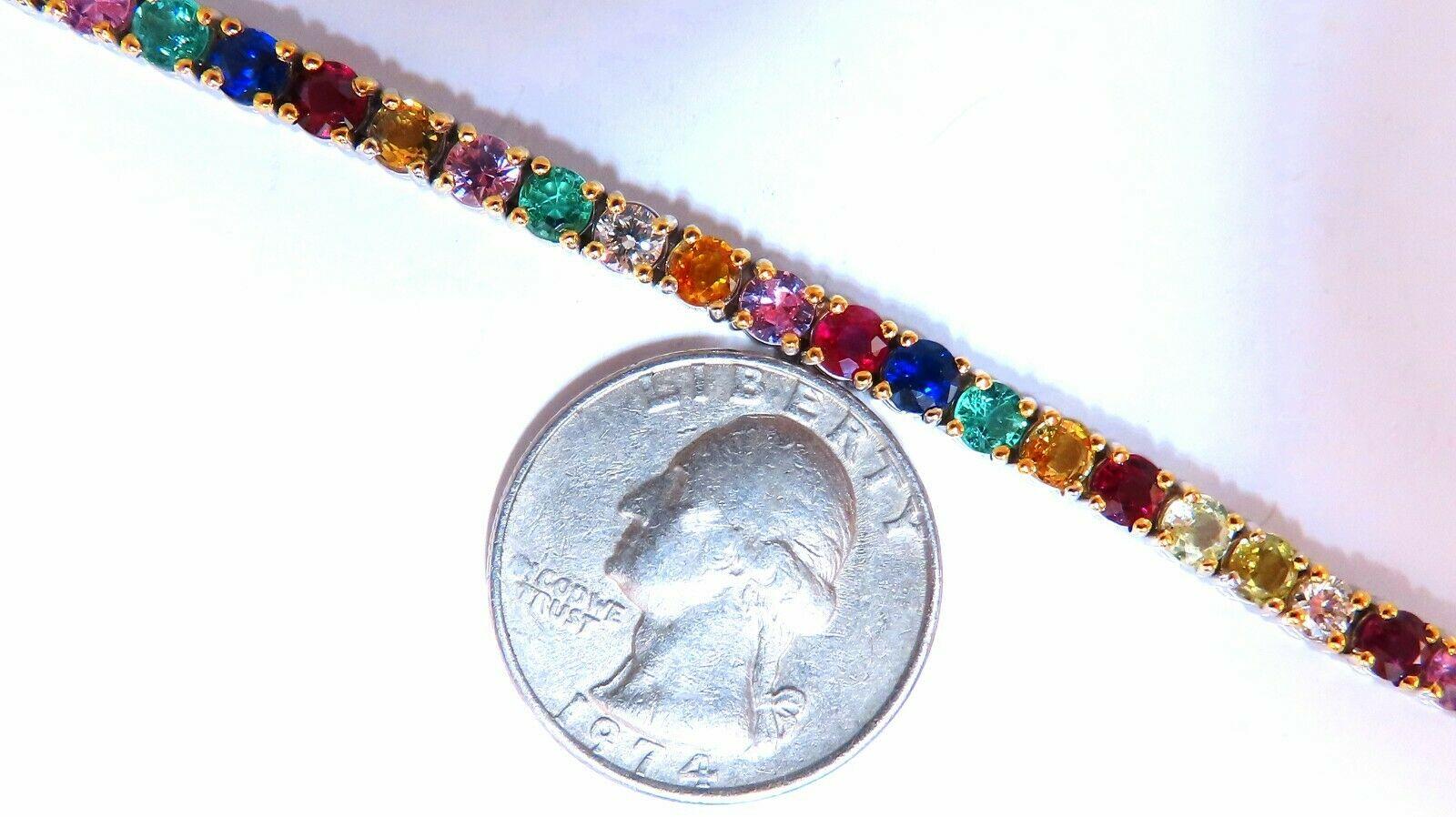 Gem Line.

9.80ct. Natural Sapphires, Ruby, & Emeralds bracelet.

Full round cuts, great sparkle.

Multicolor sapphires.

Vibrant Greens, Orange, Reds, yellows, Blues & Pinks

Clean Clarity & Transparent.

Secure pressure clasp and safety