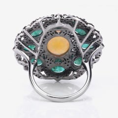 9.80cttw Ethiopian Opal, Emerald with Diamonds 1.31cttw Sterling Silver Ring