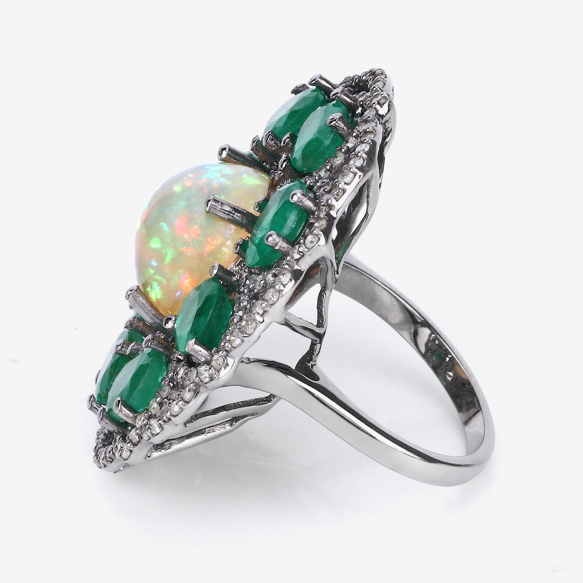 Victorian 9.80cttw Ethiopian Opal, Emerald with Diamonds 1.31cttw Sterling Silver Ring For Sale