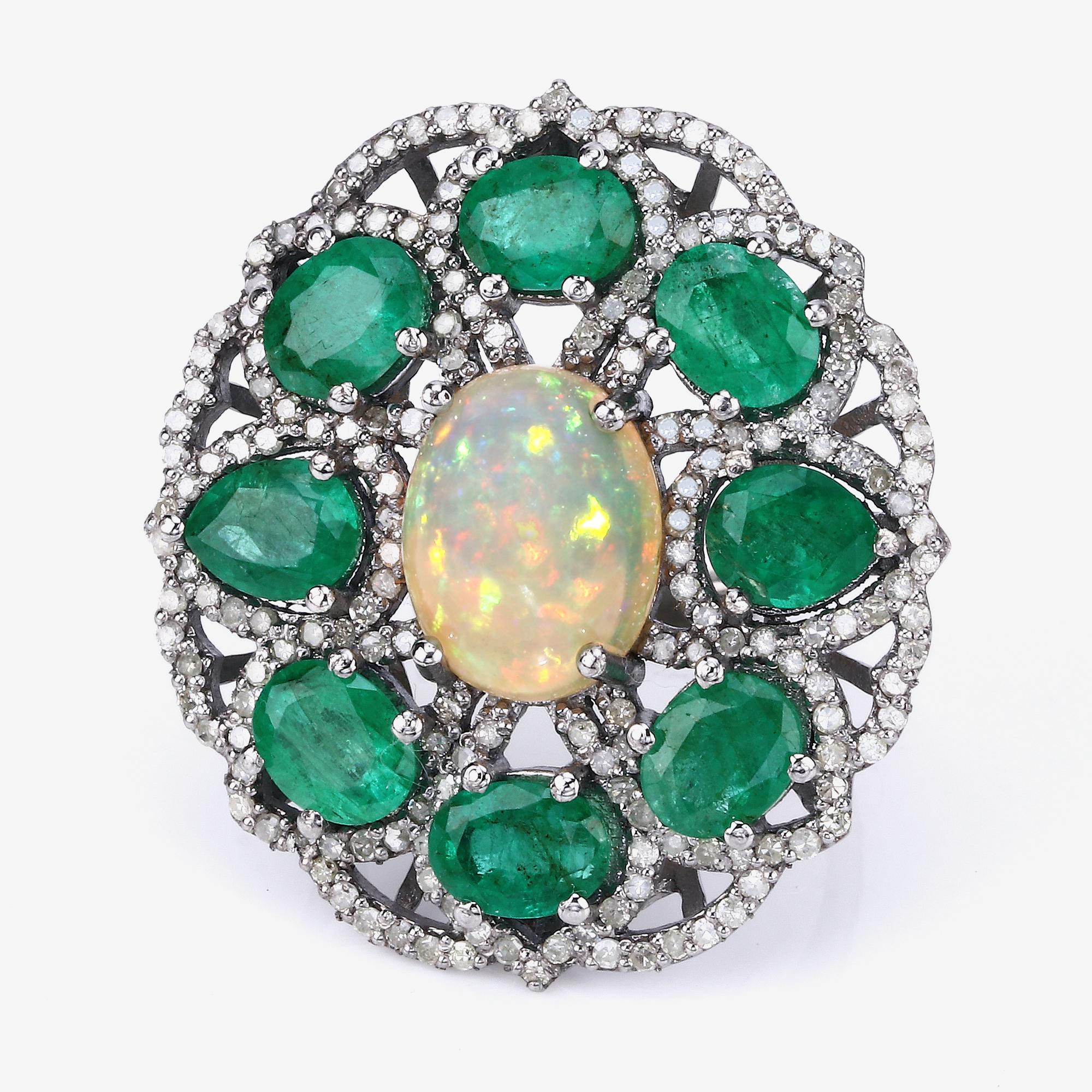 Oval Cut 9.80cttw Ethiopian Opal, Emerald with Diamonds 1.31cttw Sterling Silver Ring For Sale