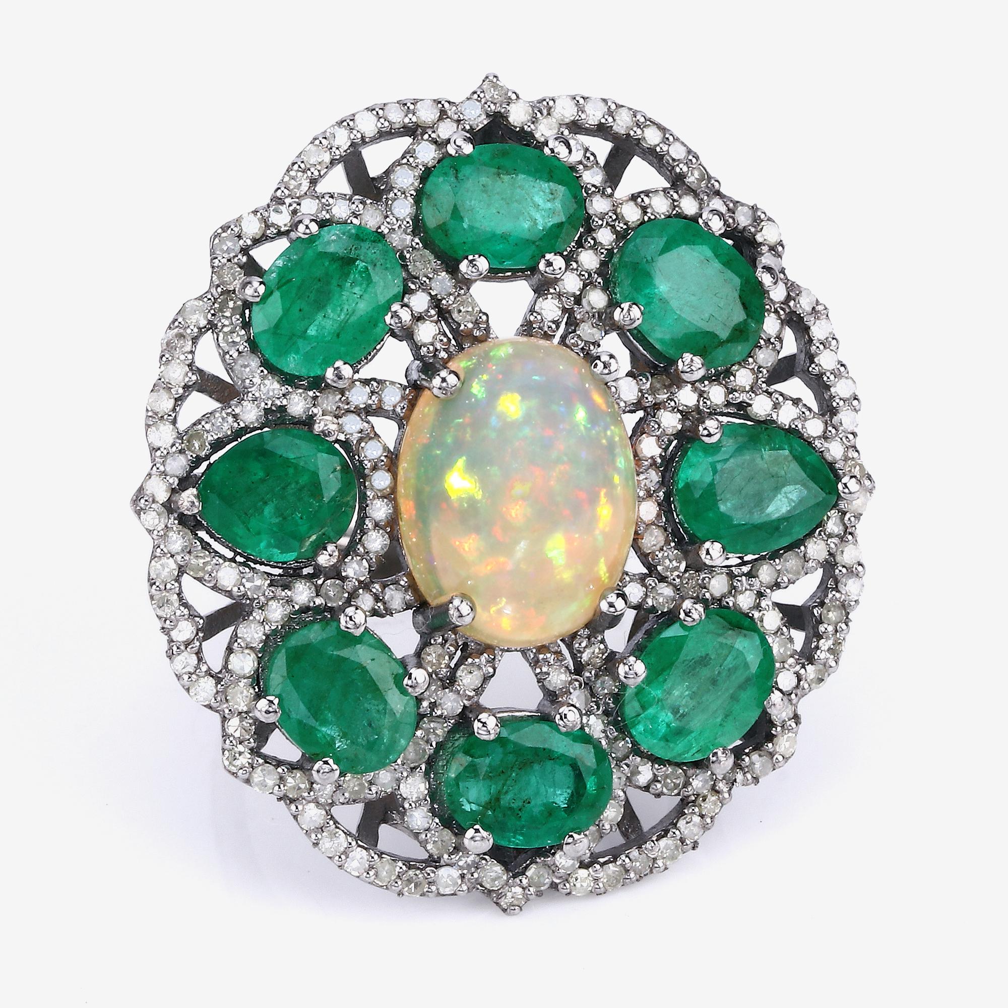 9.80cttw Ethiopian Opal, Emerald with Diamonds 1.31cttw Sterling Silver Ring In New Condition For Sale In Great Neck, NY