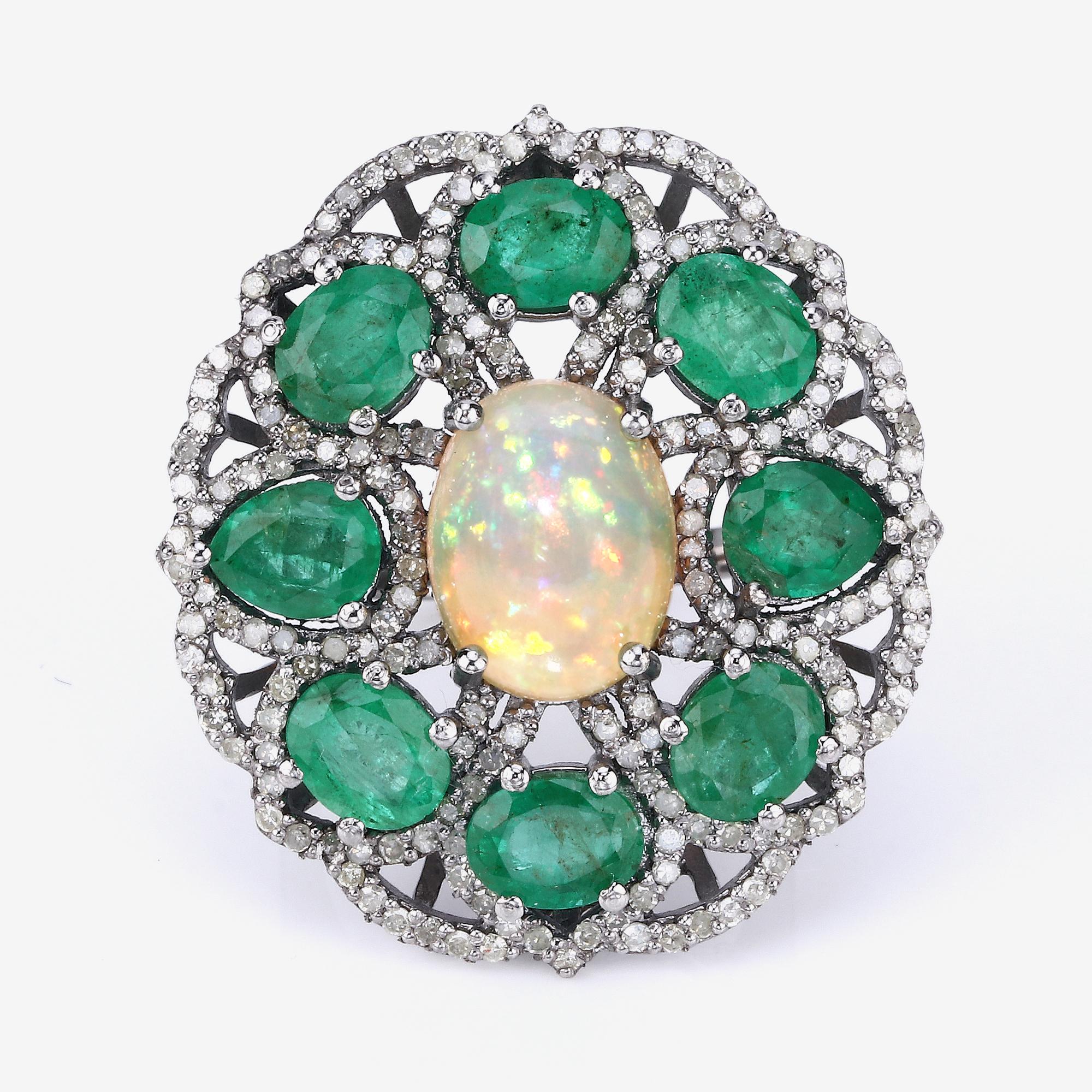 Women's 9.80cttw Ethiopian Opal, Emerald with Diamonds 1.31cttw Sterling Silver Ring For Sale