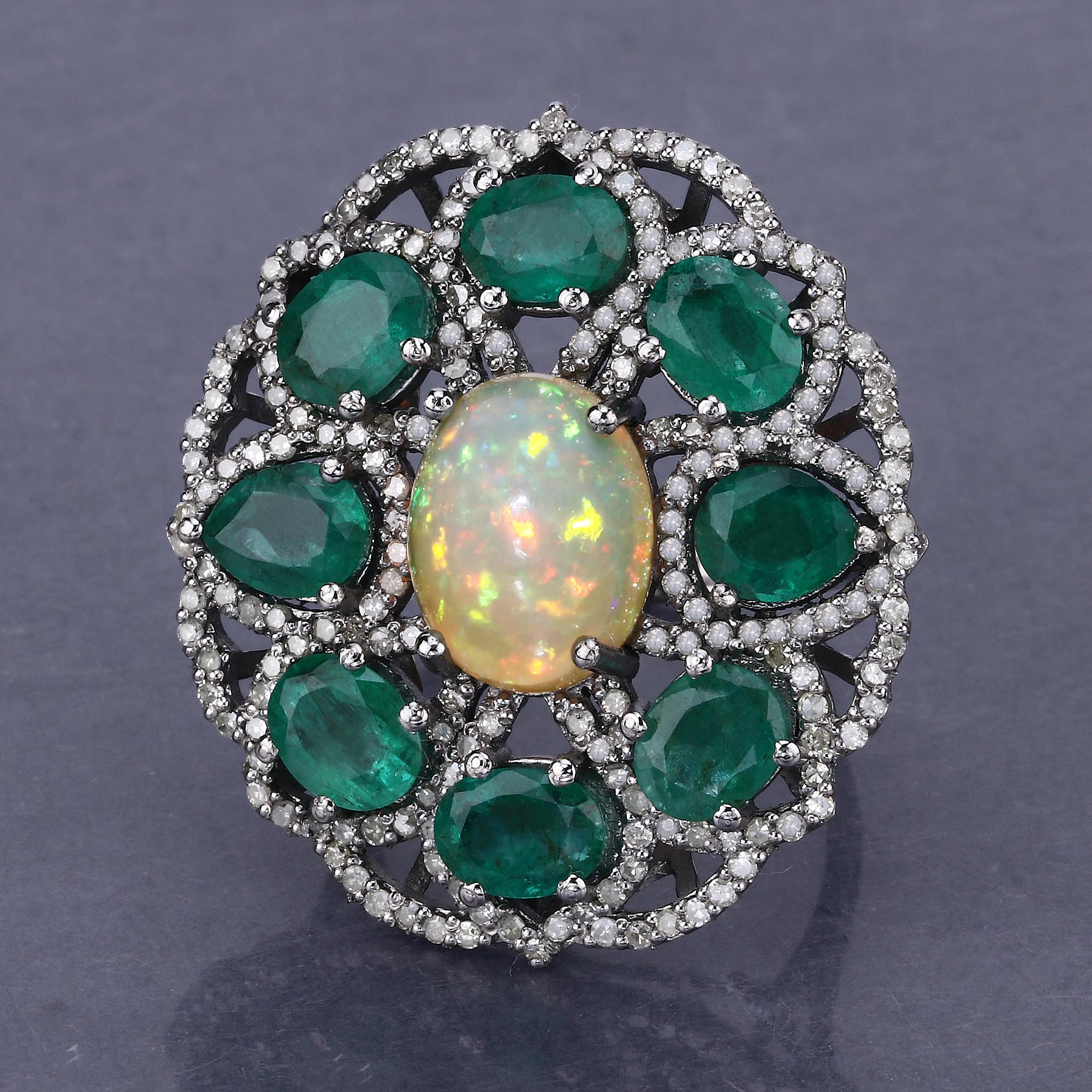 9.80cttw Ethiopian Opal, Emerald with Diamonds 1.31cttw Sterling Silver Ring For Sale 1