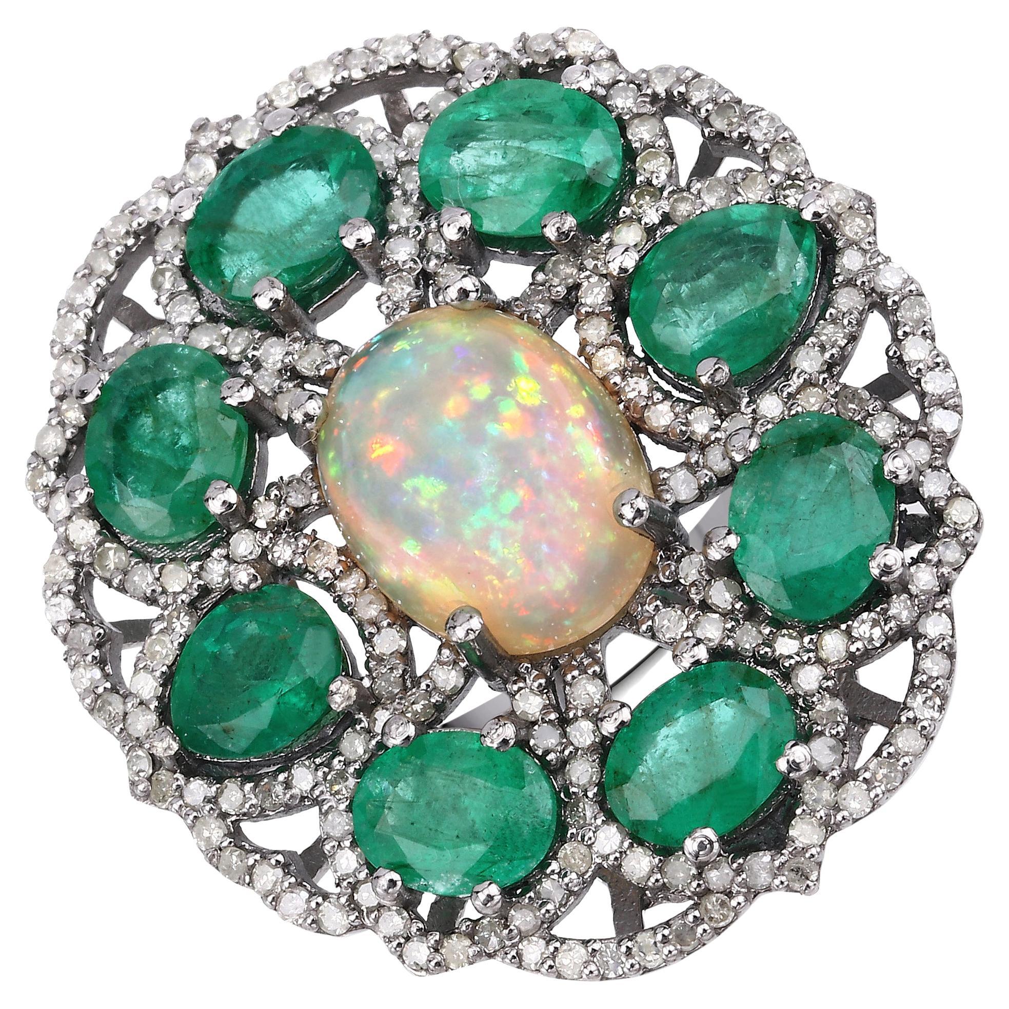9.80cttw Ethiopian Opal, Emerald with Diamonds 1.31cttw Sterling Silver Ring For Sale