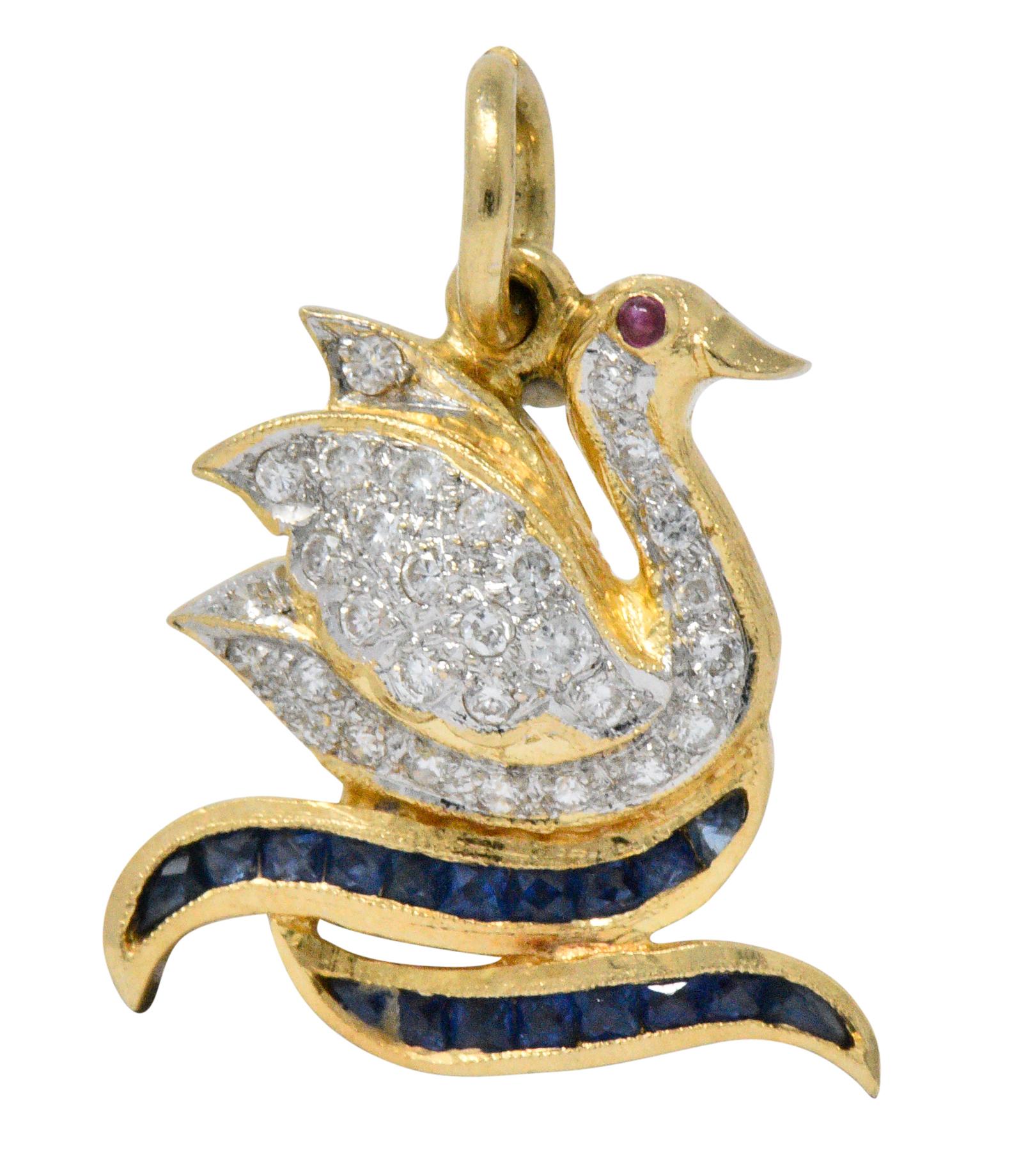 Contemporary Circa 1980s Vintage 0.40 Carat Diamond Sapphire Ruby 18 Karat Gold Swan Charm