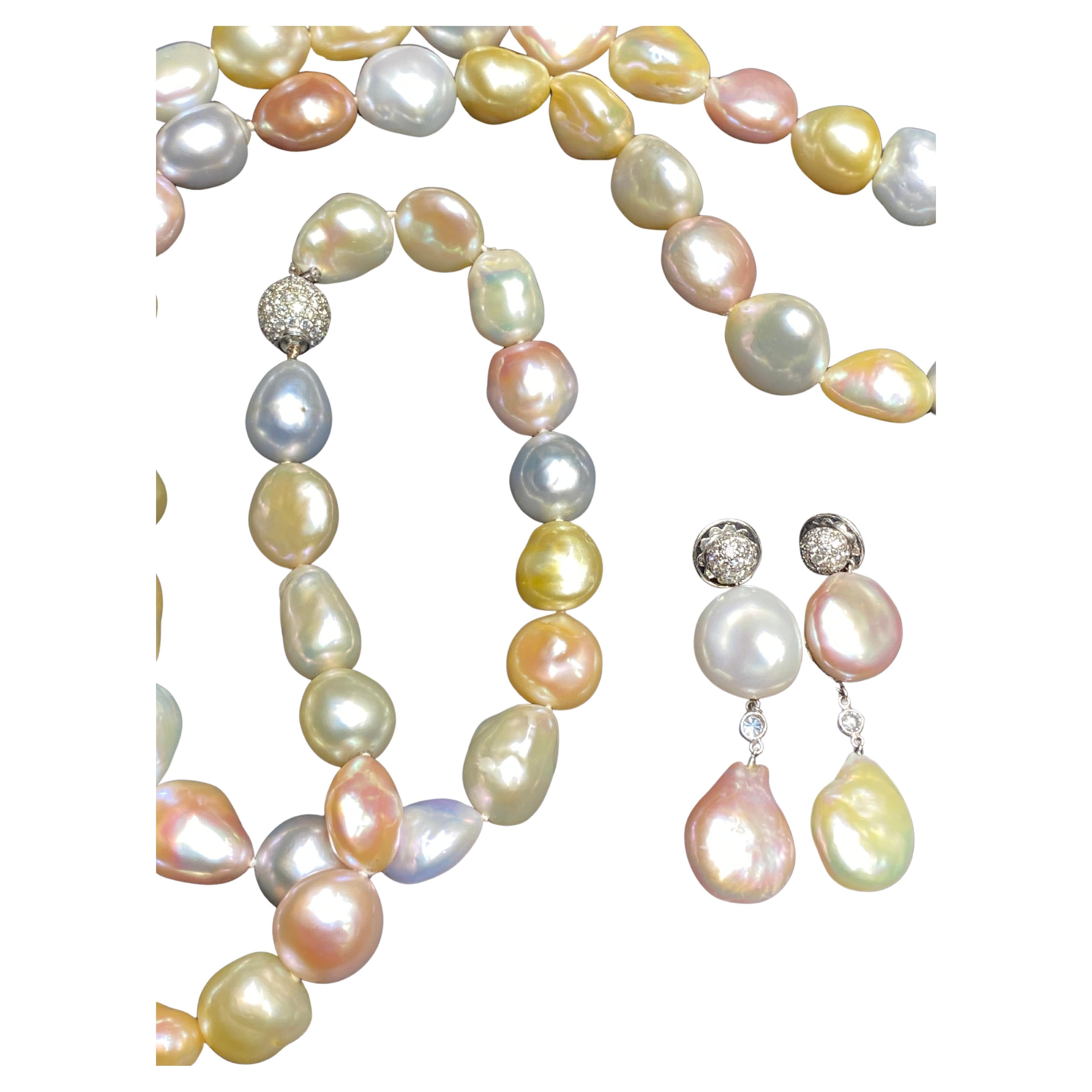 !980s Adler multicoloured pearl and diamond necklace and earring set For Sale